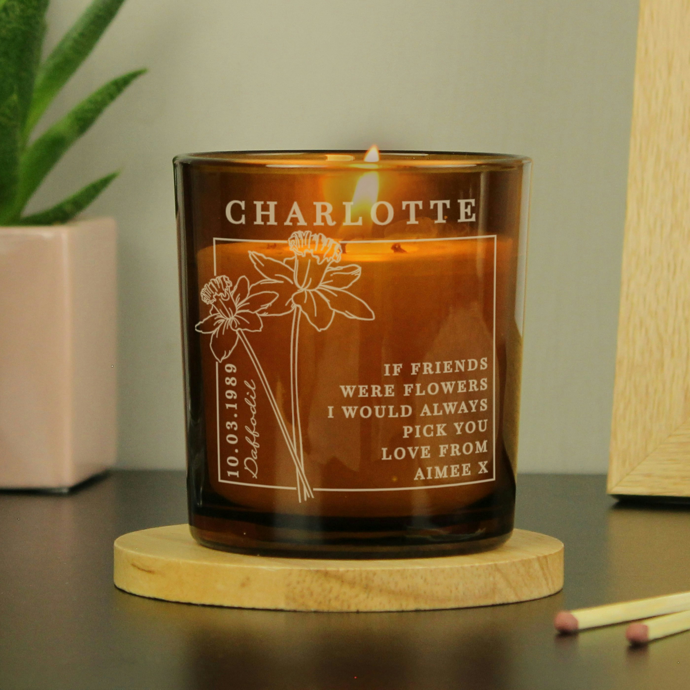 Rackhams Amber Personalised March Birth Flower Glass Candle