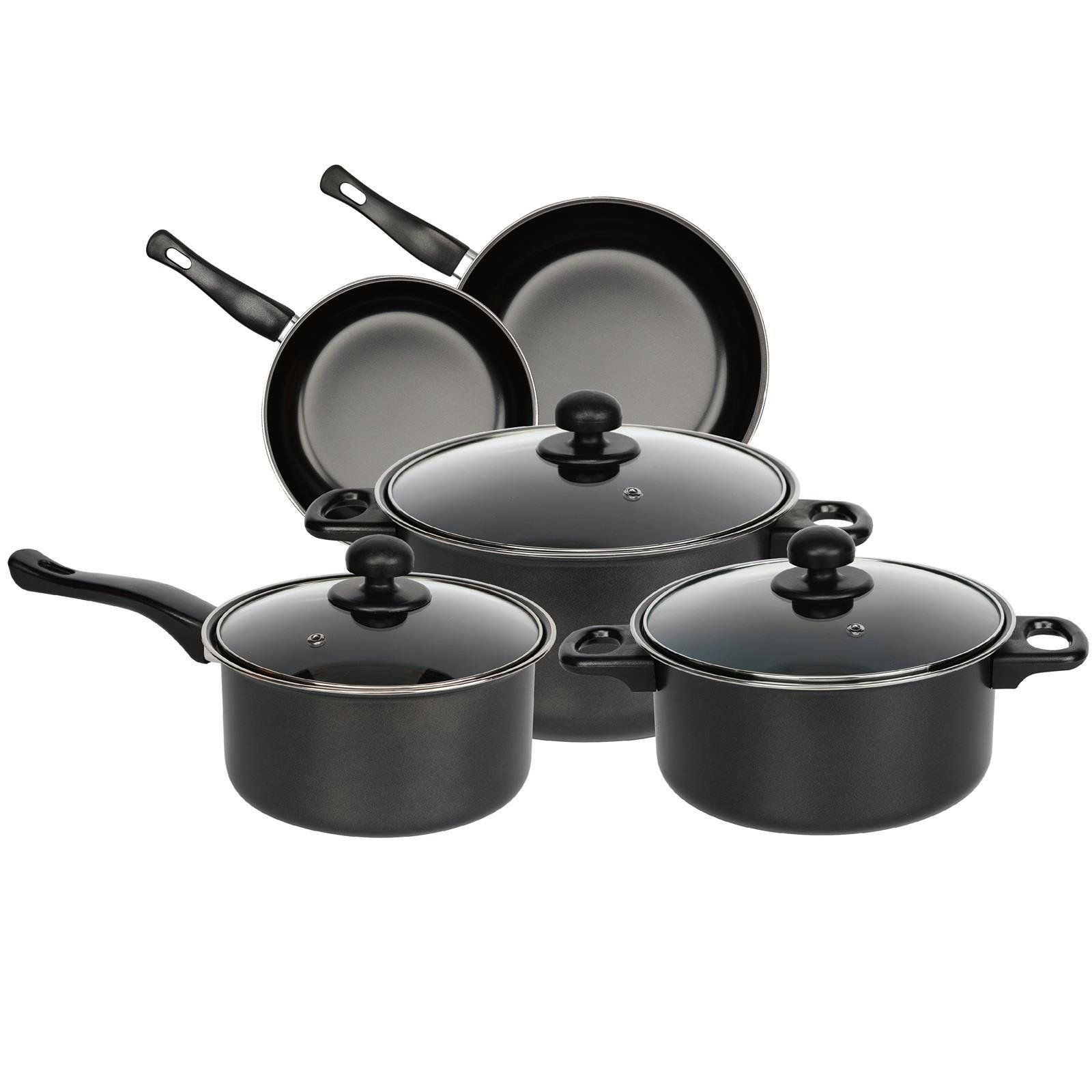 Rackhams Black 8 Piece Non Stick Cookware Set Cooking Pot Frying Pan Saucepan With Lids