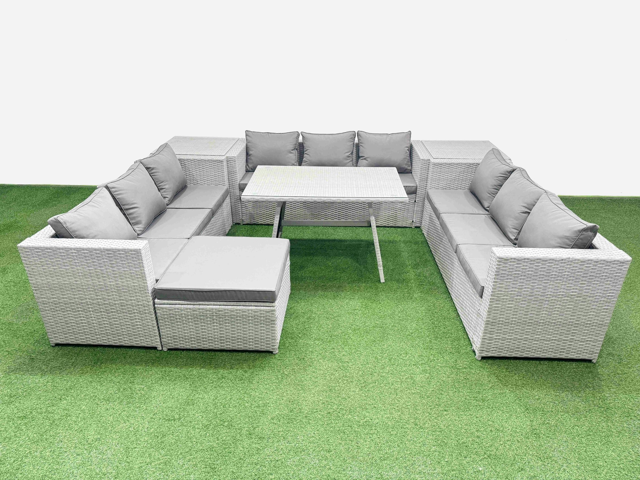 Rackhams Light/Grey 10 Seat Outdoor Patio Pe Rattan Garden Furniture With Cushions 3 Seater Sofa 2 Side Tables Big Stool