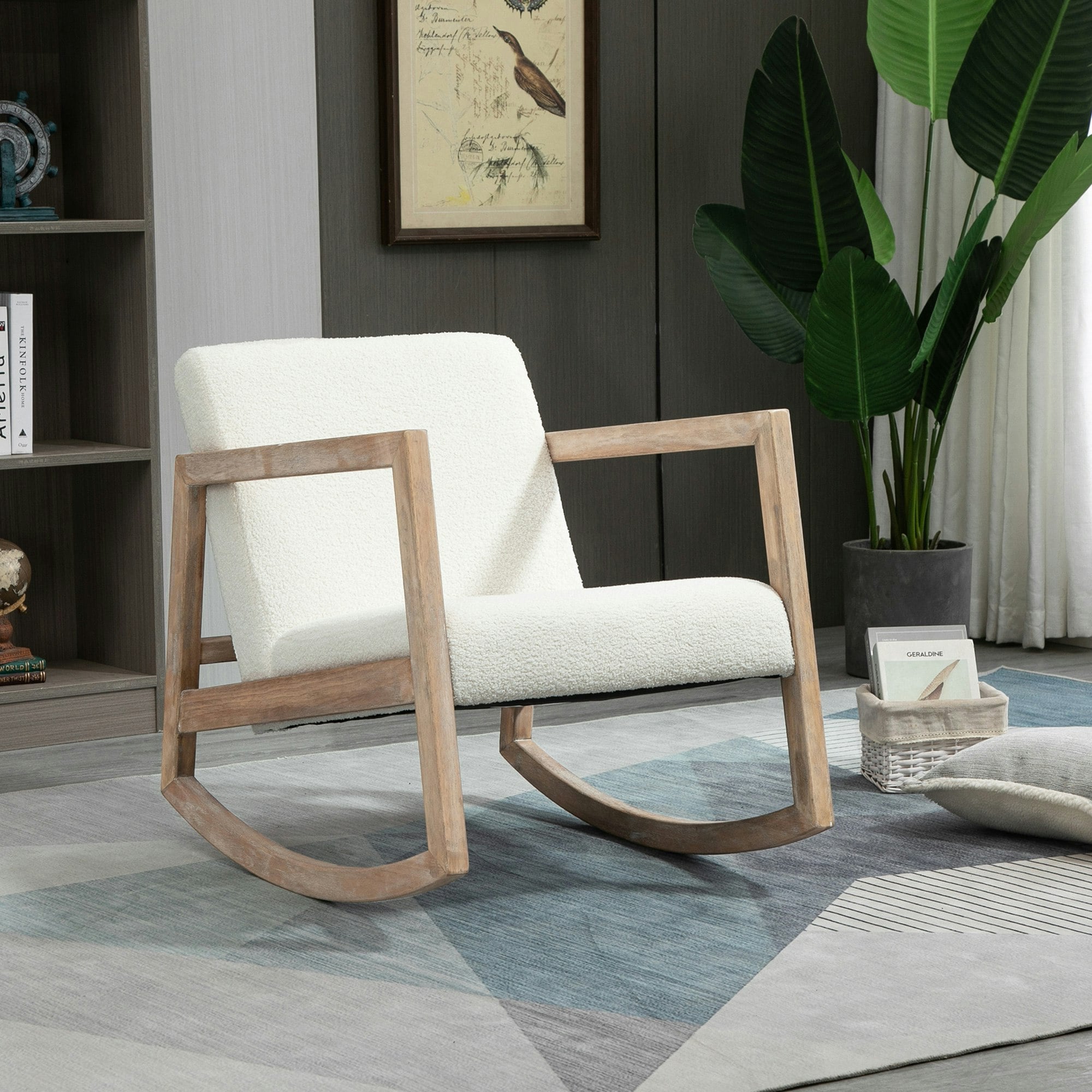 Rackhams Cream Rocking Chair Upholstered Armchair Wooden Accent Chair - Rubber Wood, Teddy Fleece (100% Polyester), Sponge