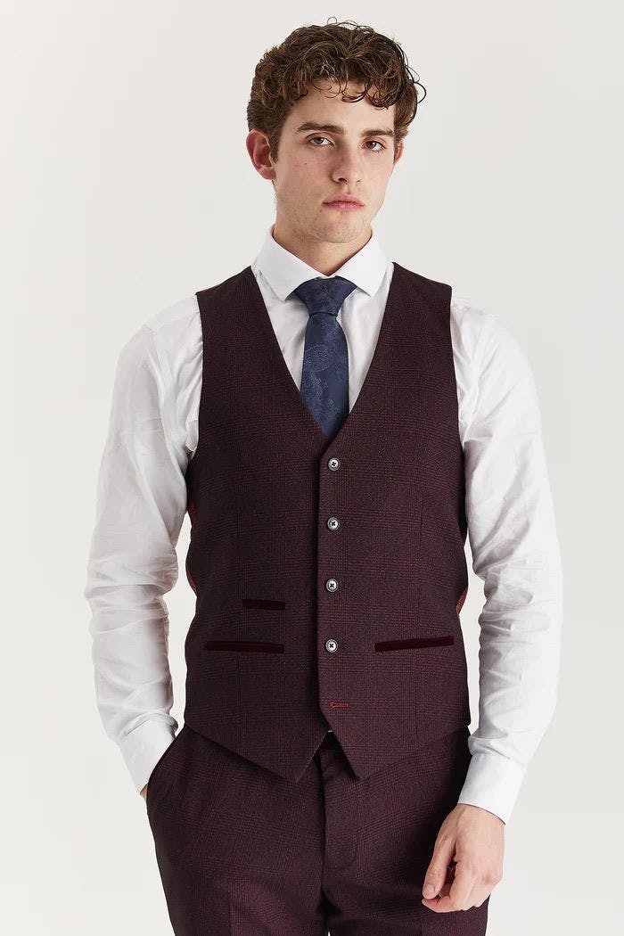 Infinity Leather Men's Wine Suit Waistcoat Prince Of Wales Formal Waistcoat - Wine - 44