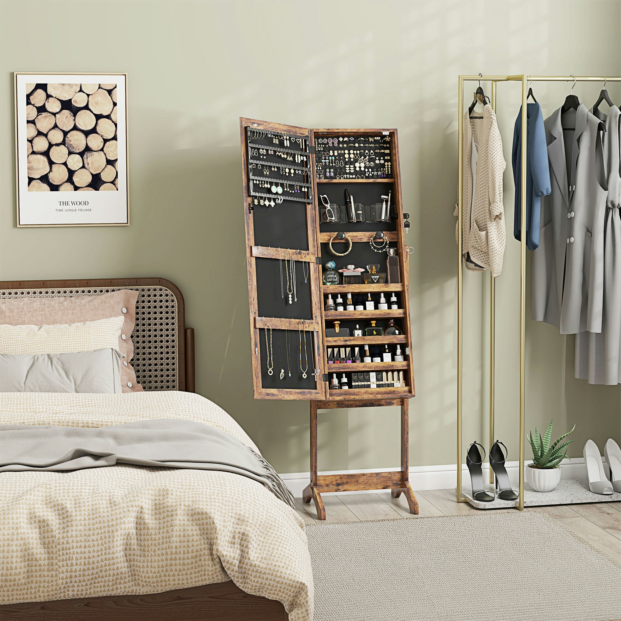 Rackhams Light/Grey/Brown Mirrored Jewellery Cabinet W/ Led Lockable Jewellery Armoire - Rustic