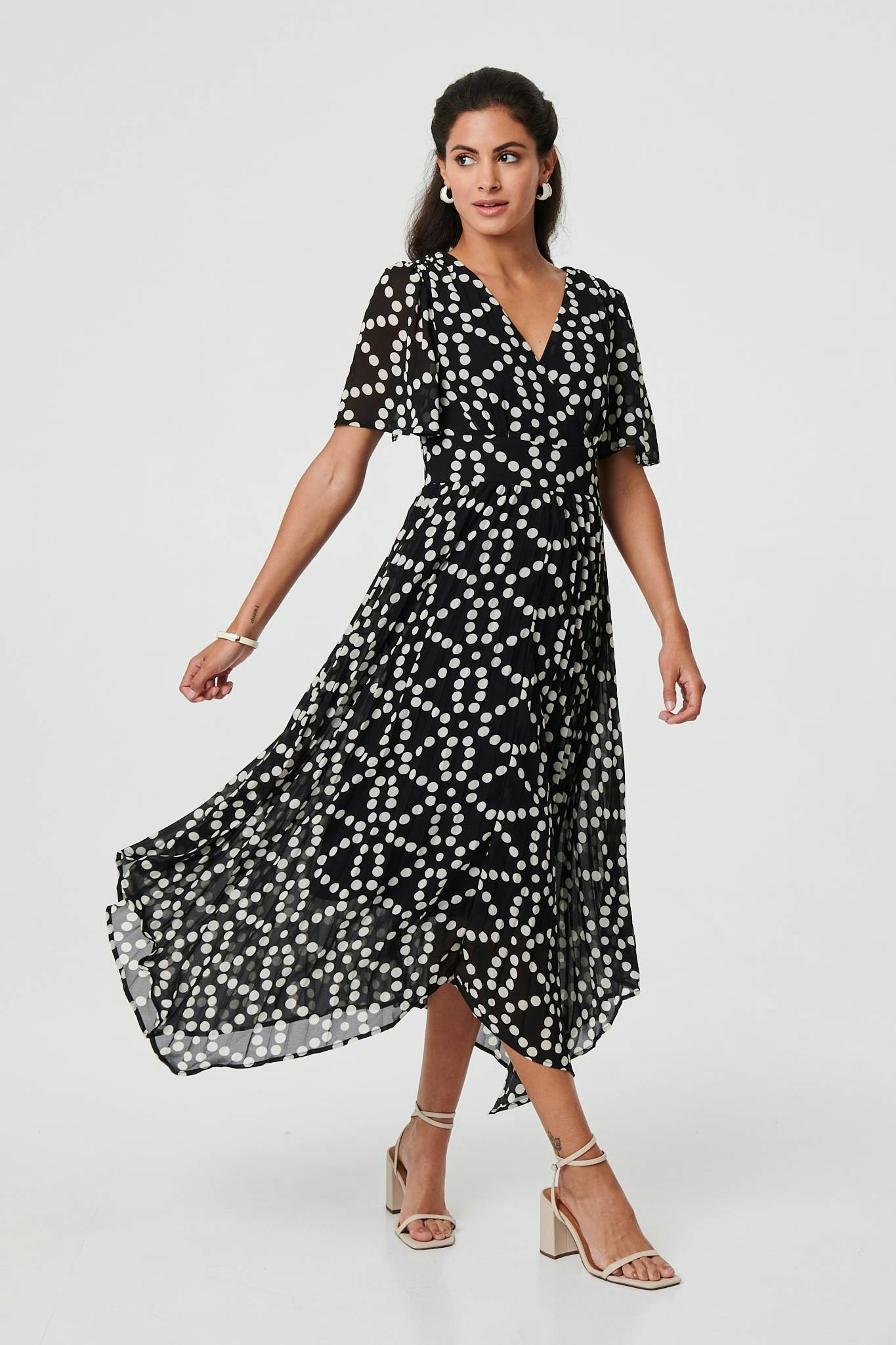 Izabel London Black Polka Dot Hanky Hem Midi Dress - 12