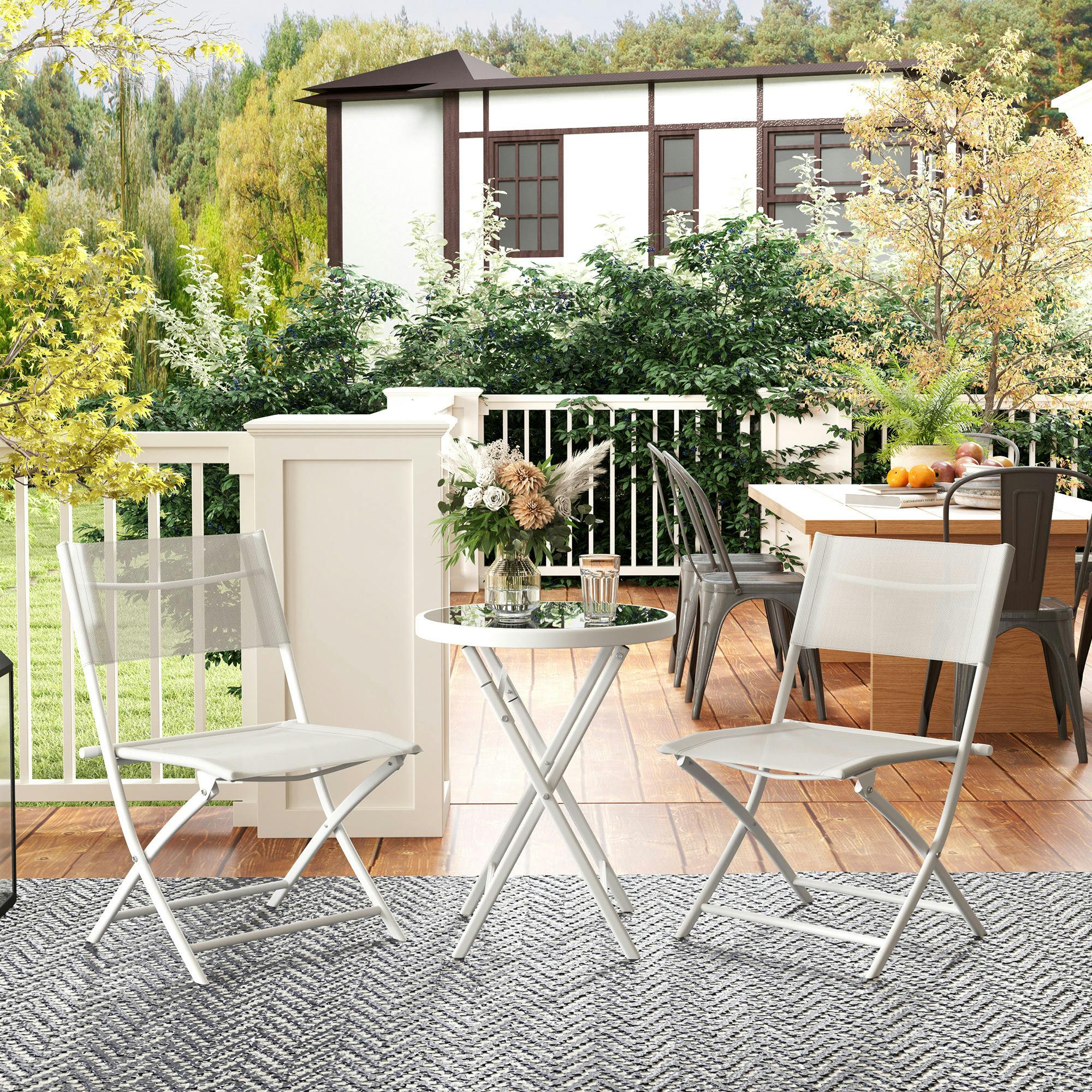 Outsunny 3 Pieces Outdoor Bistro Set Glass Top Table 2 Folding Chairs White | Garden Furniture Set,Protecting Feet, Metal Frame, Easy Clean - Image 5
