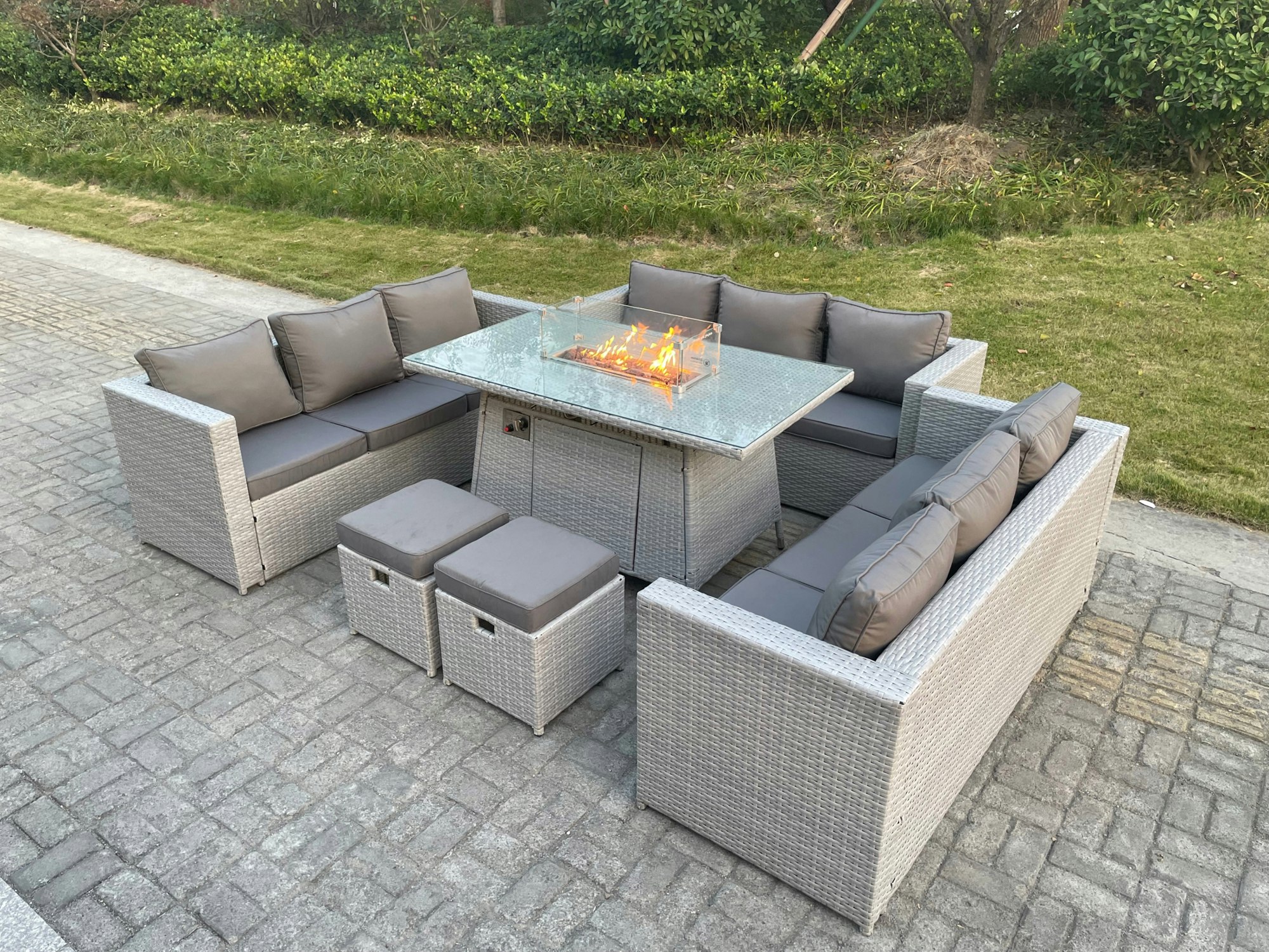 Fimous Light/Grey U Shape Lounge Sofa Dining Set With Gas Heater Fire Pit Burner 2 Pc Small Footstool