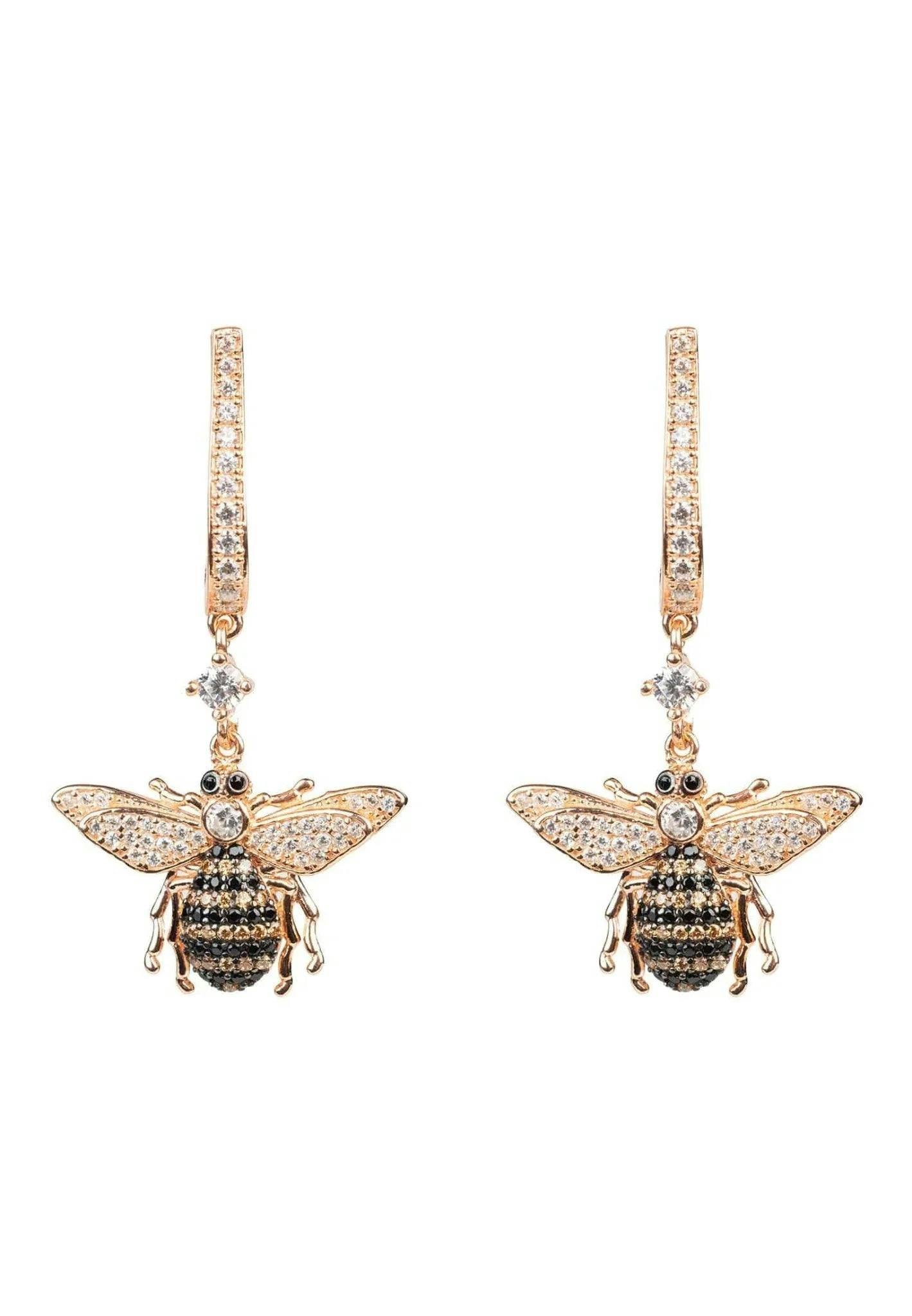 Latelita Silver/Black/White Honey Bee Drop Earrings Rosegold