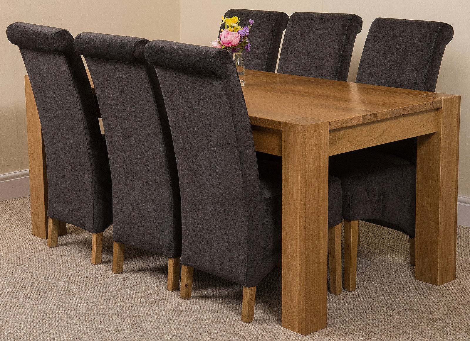 That's Furniture Black Kuba Large Oak Dining Table With Montana Fabric Chairs - 6 Chairs