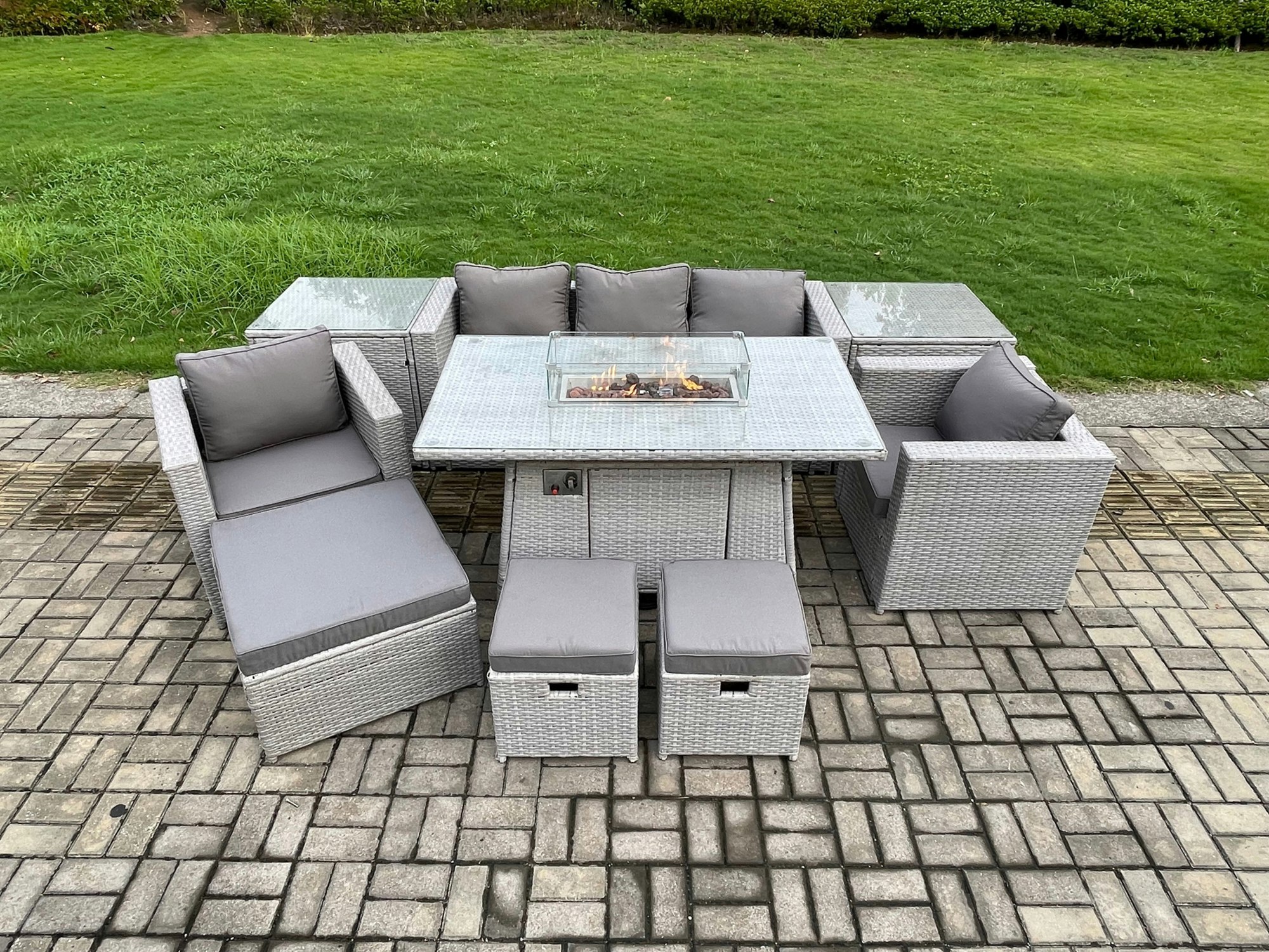 Rackhams Light/Grey Outdoor Garden Dining Sets Rattan Furniture Gas Fire Pit Dining Table With 2 Armchairs 2 Side Tables 3 Footstools