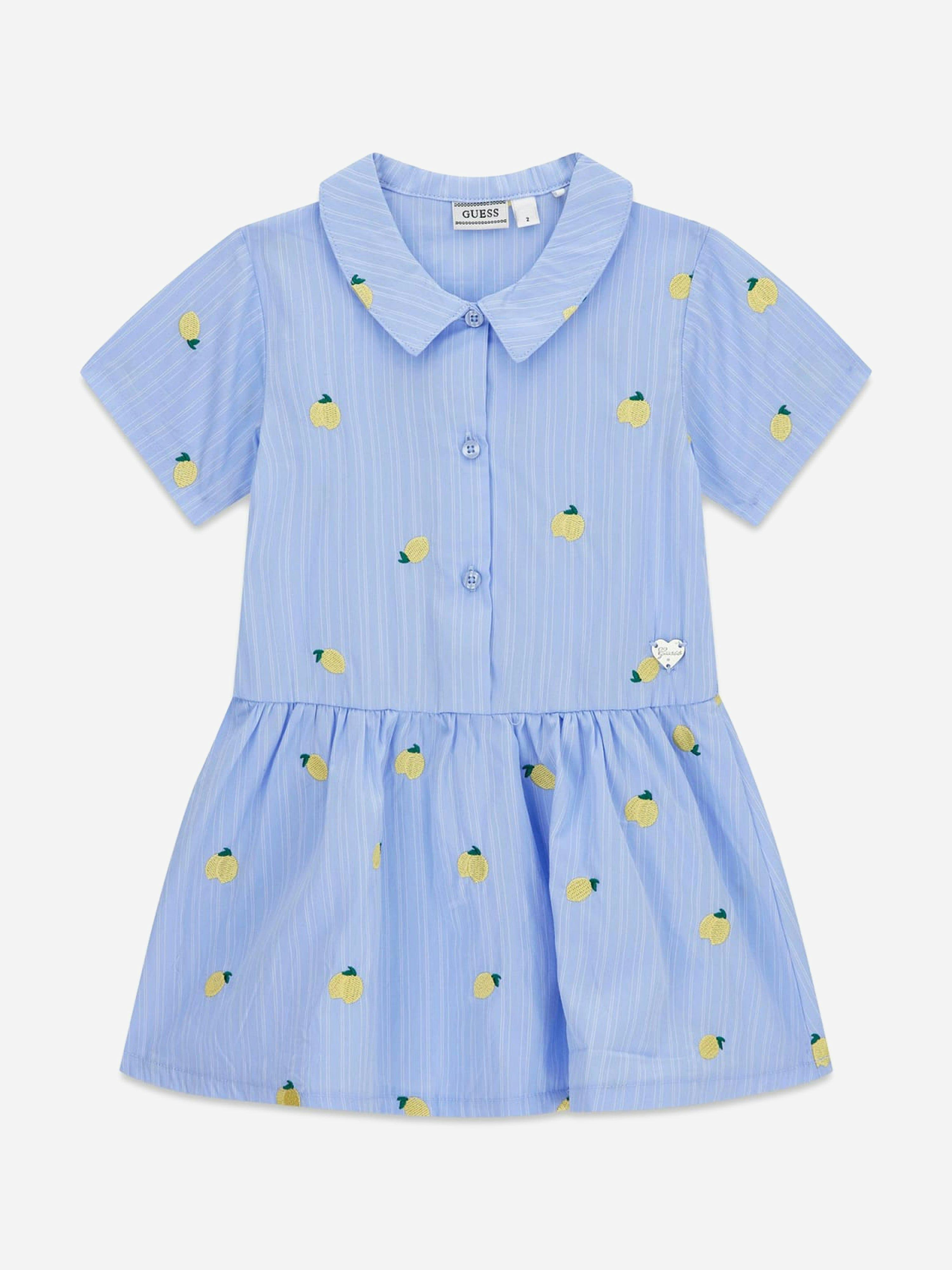Guess Girls Blue Poplin Striped Lemons Dress In - 3 Yrs