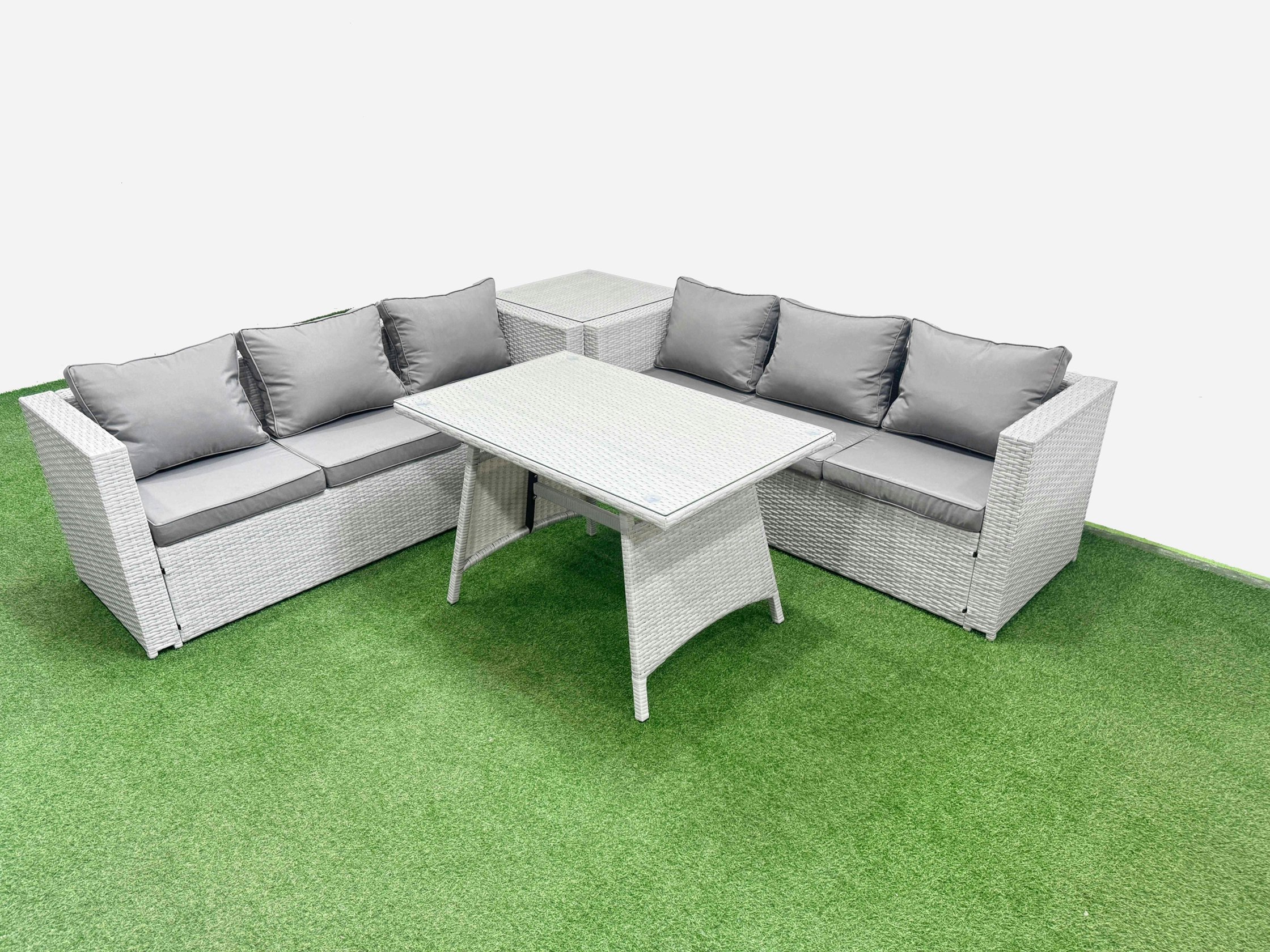 Fimous Light/Grey Rattan Garden Furniture Dining Set 6 Seater Patio Rectangular Table 3 Seater Sofa Set With Side Table