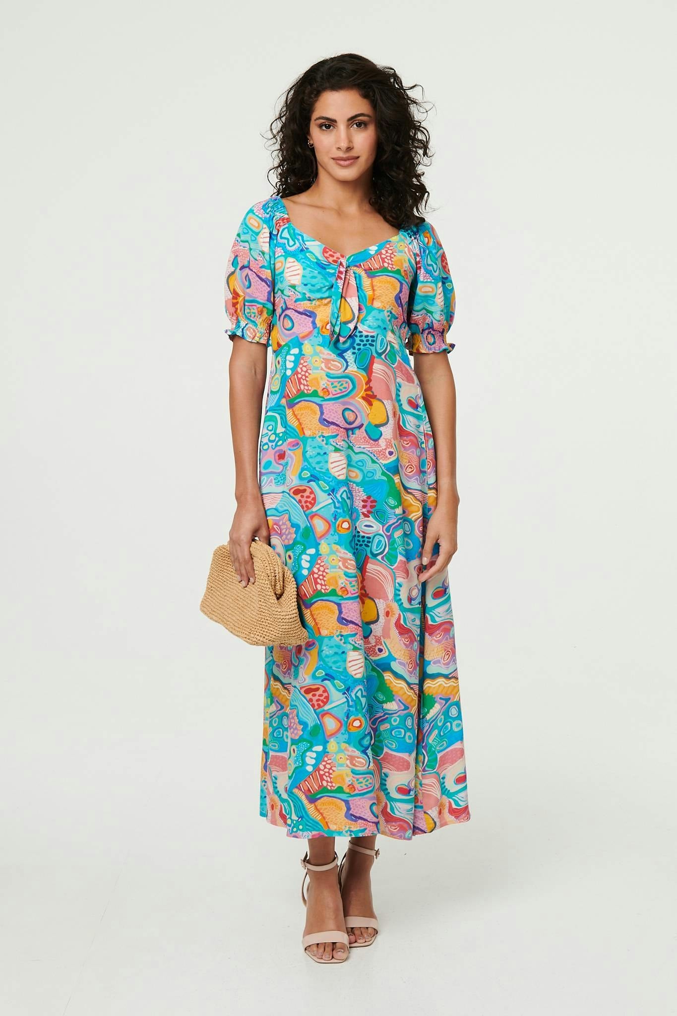 Izabel London Blue Abstract Tie Neck Puff Sleeve Midi Dress - 18