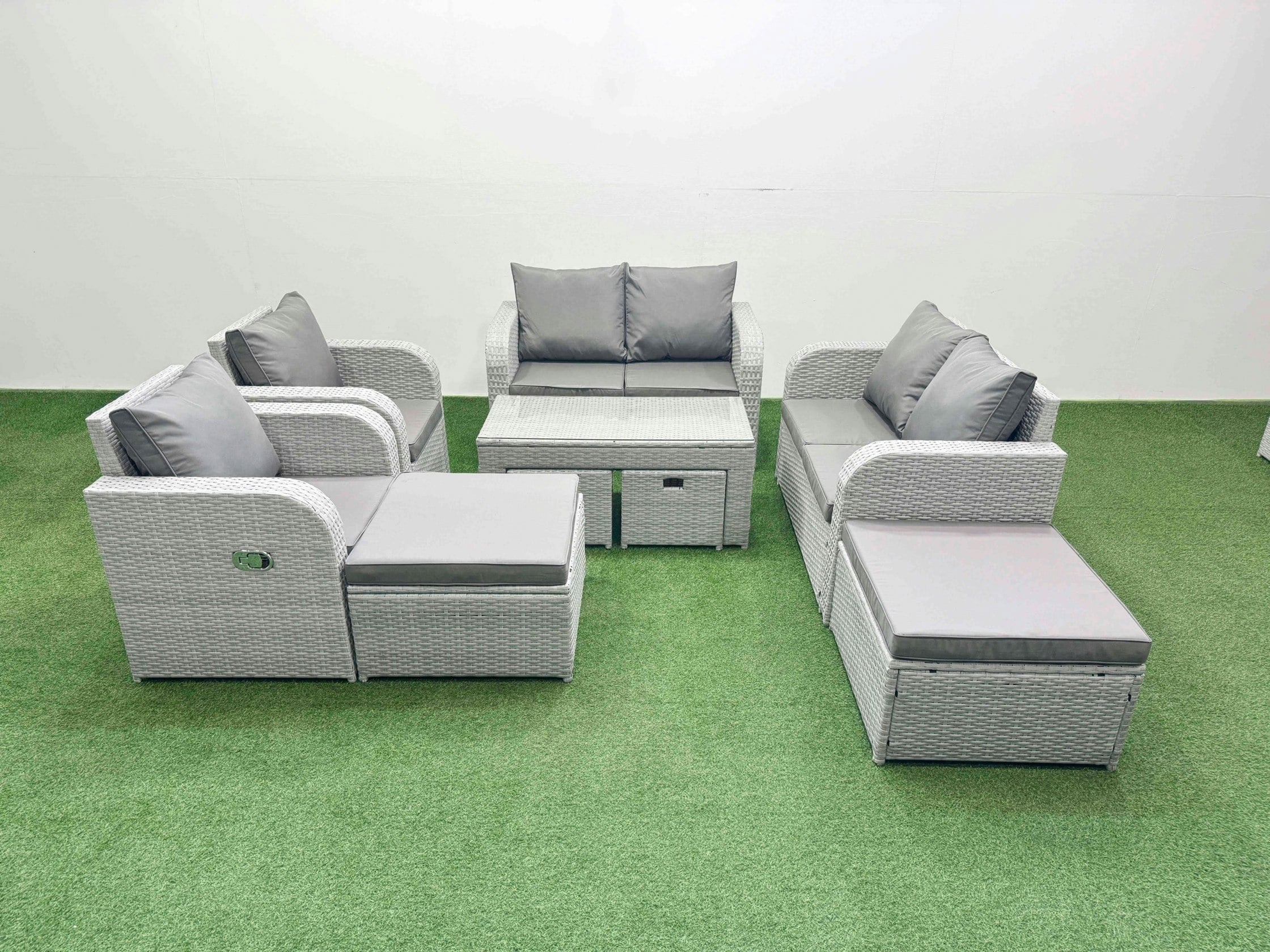 Fimous Light/Grey Pe Wicker Rattan Furniture Sofa Sets With Oblong Coffee Table Love Sofa Reclining Chair 4 Stools Mixed