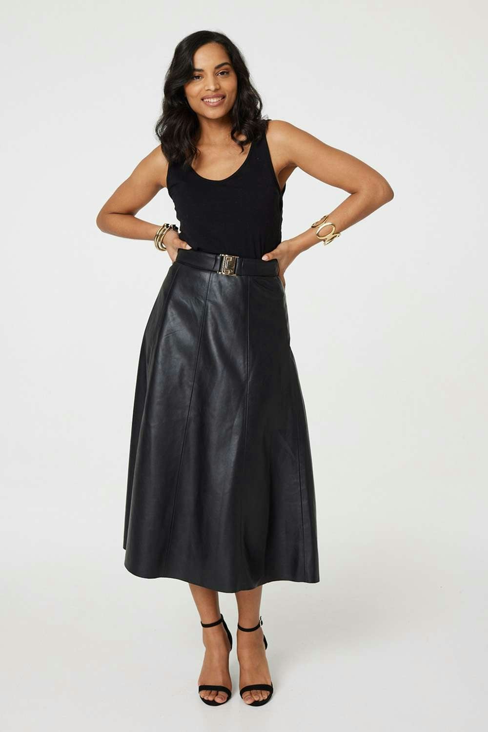 Izabel London Black Faux Leather Belted Midi Skirt - 12