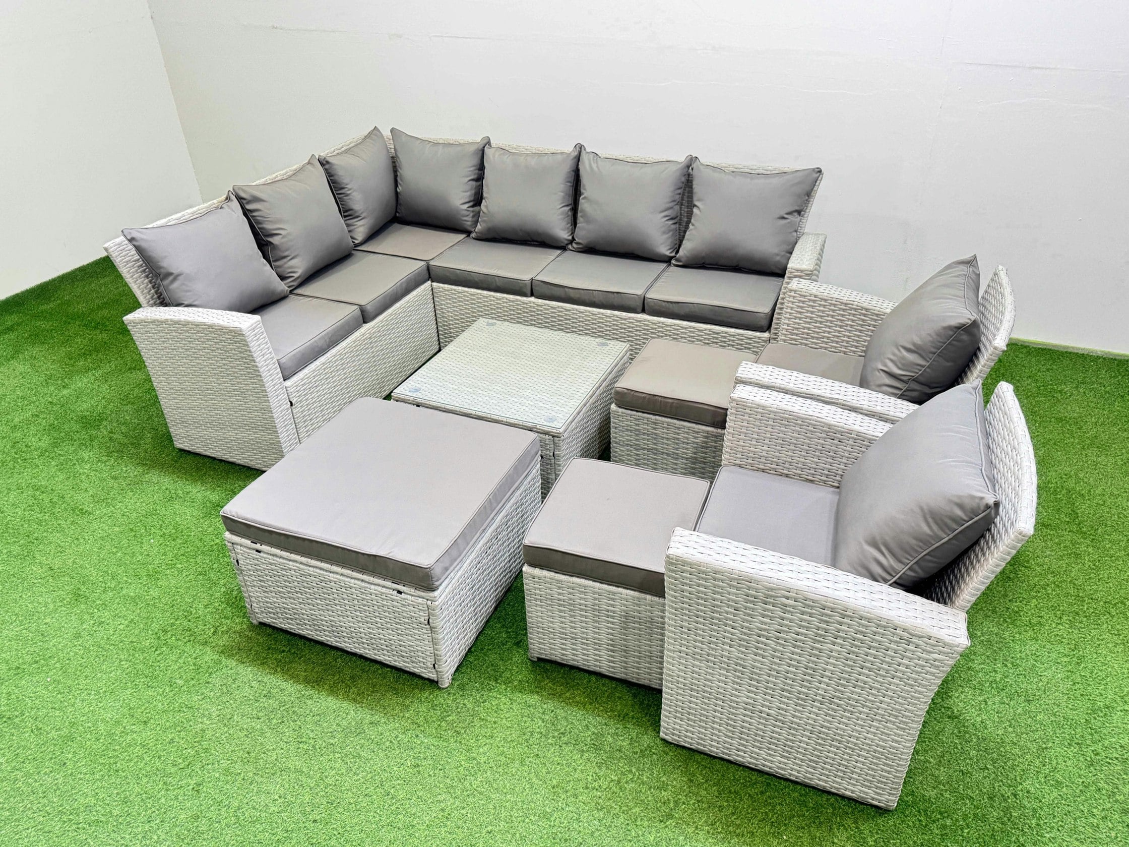 Rackhams Light/Grey Outdoor Rattan Garden Furniture Set 11 Seater Corner Sofa Sets With Square Coffee Table Chair 3 Footstools Mixed