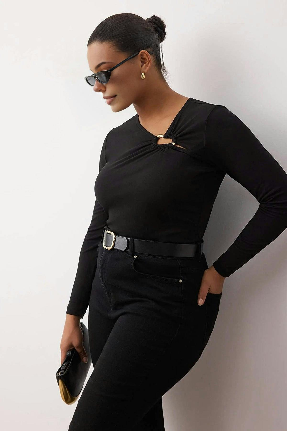 Wovcor Black Asymmetrical Collar Accessory Detail Knitted Plus Size Blouse - 6XL