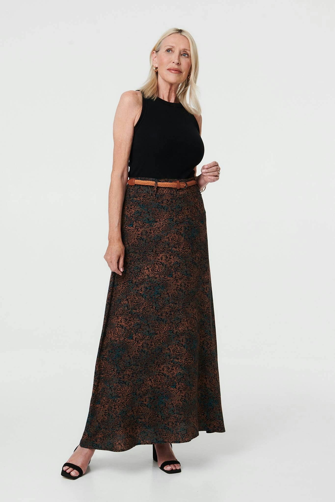 Izabel London Blue Printed High Waist Belted Maxi Skirt - 16