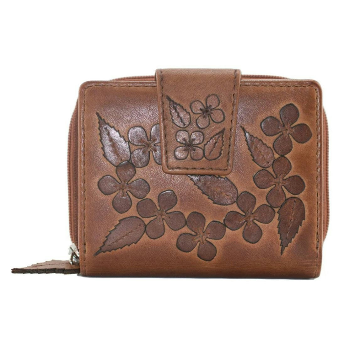 Mala Leather Wild Bloom Floral Classic Tan Leather Tab Purse - Tan