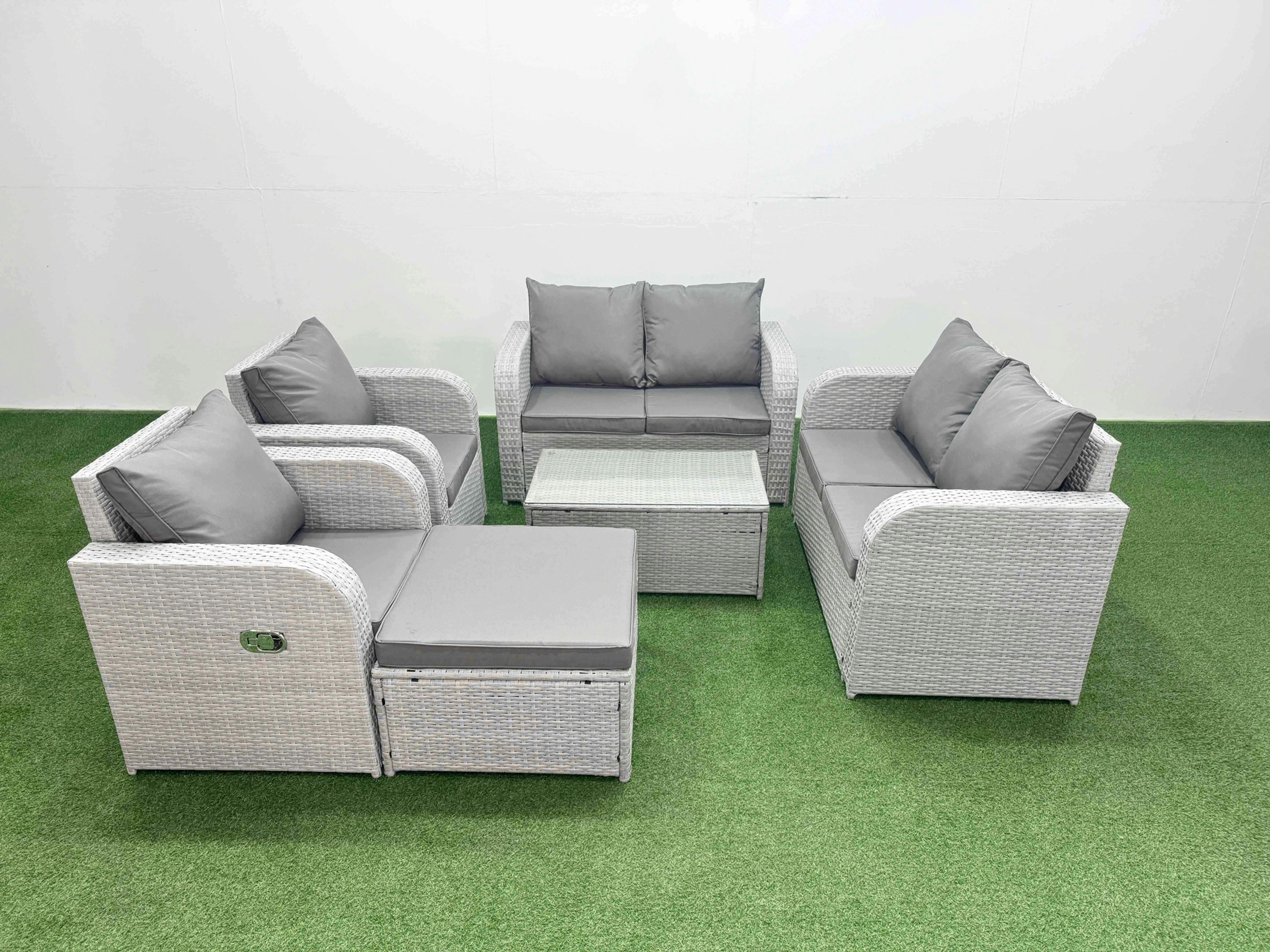 Rackhams Light/Grey 7 Seater Outdoor Reclining Chair Love Sofa Set Rattan Garden Furniture Set With Rectangular Coffee Table Footstool