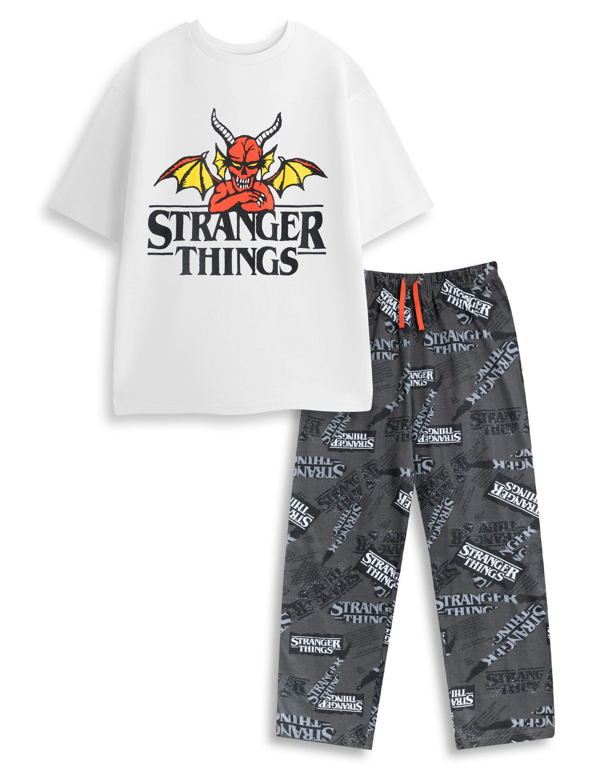 Vanilla Underground Men's White Stranger Things Logo Short Sleeve Long Leg Pyjama Set - Small