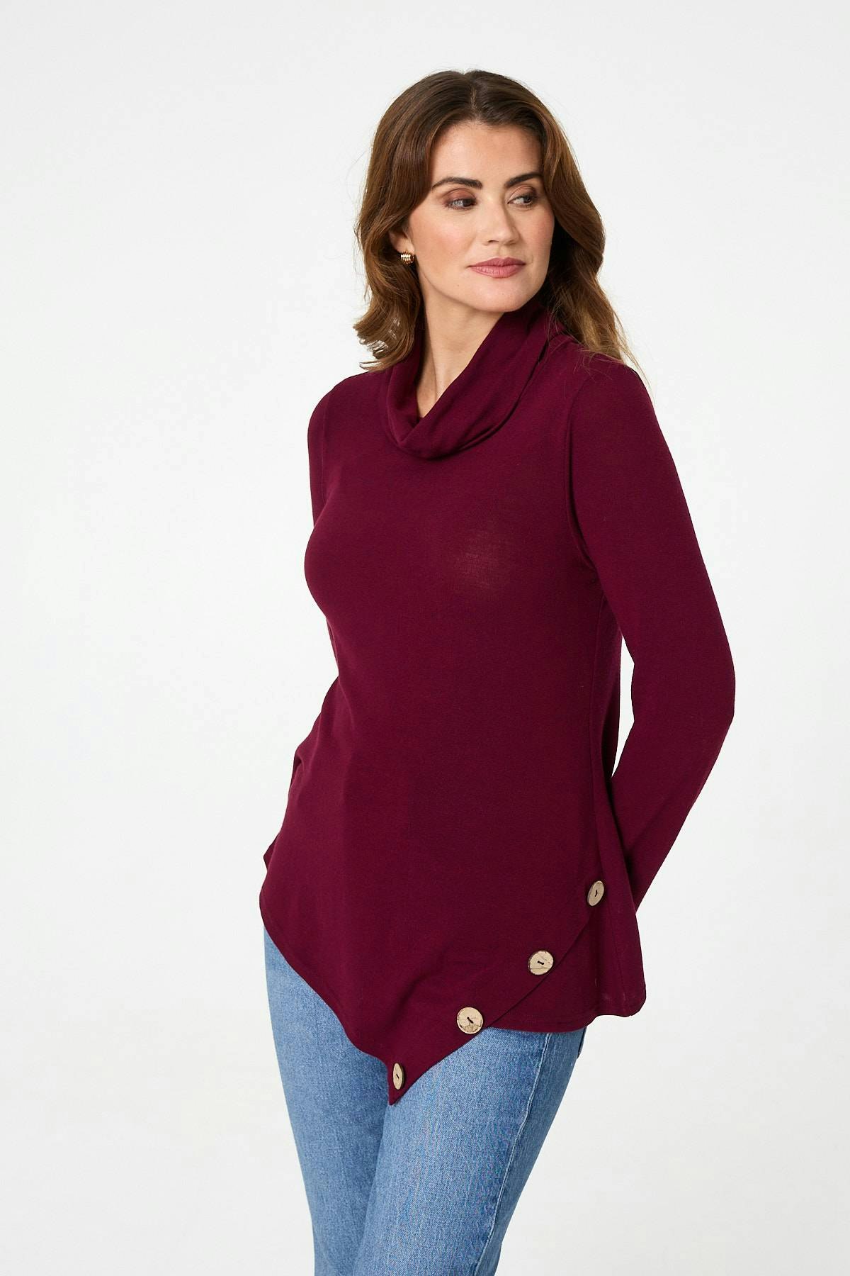 Izabel London Red Cowl Neck Asymmetric Long Sleeve Top - 10
