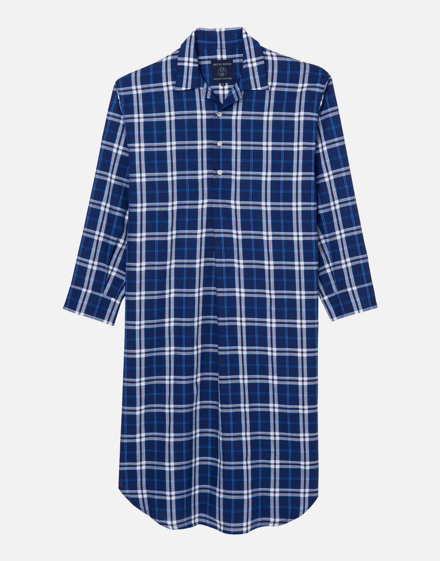 British Boxers Men's Blue Crisp Cotton Nightshirt – Chester On Check - Large