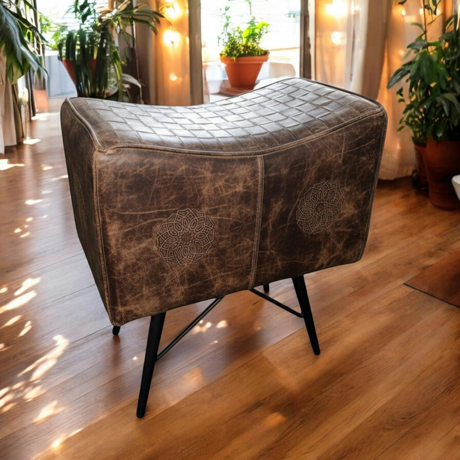 Rackhams Brown Acacia Home 51Cm Tan Leather Wooden Stool