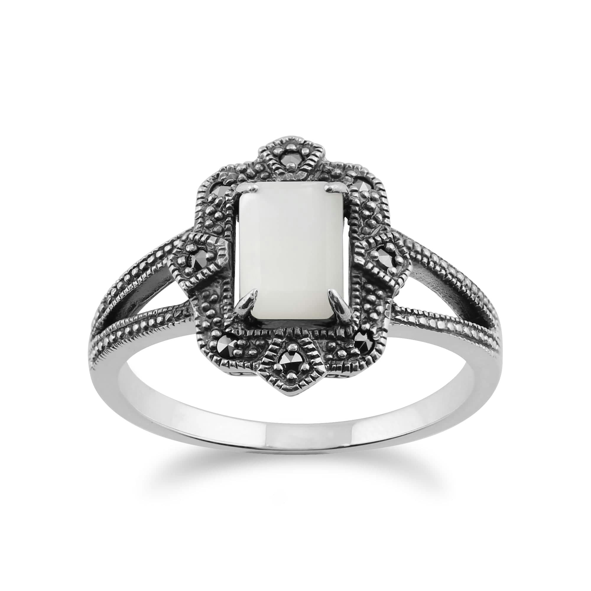 Gemondo Women's Silver Art Deco Style Baguette Mother Of Pearl & Marcasite Ring In 925 Sterling - Q