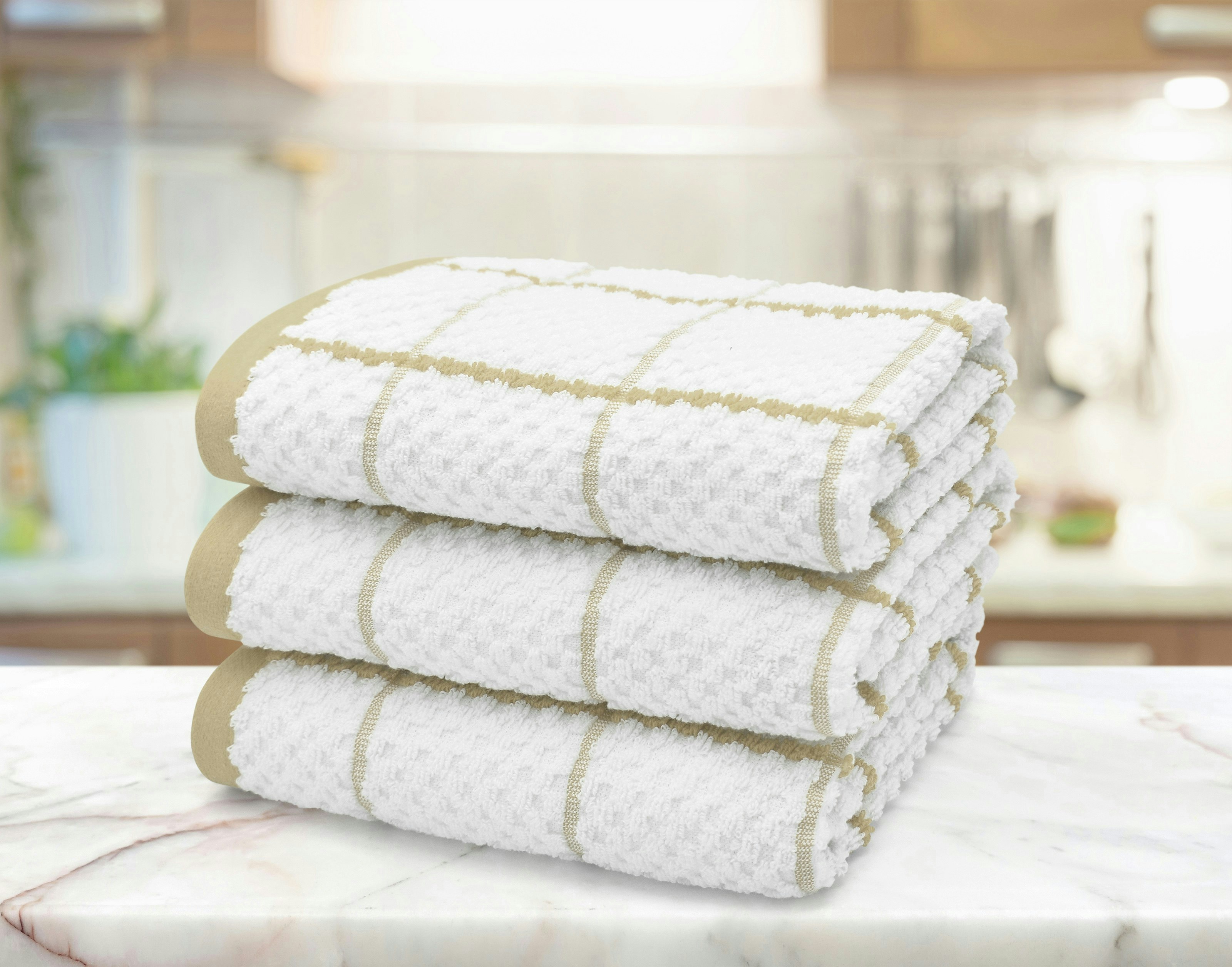 Velosso Beige Embroiderd Woven Checked Cotton Tea Towel 3 Pack - One Size