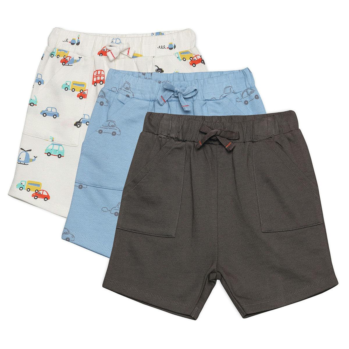 Mini Cuddles Men's Grey/Blue/White Baby Boys 3Pk Vehicle Print And Solid Shorts, Multicolour - 12-18 Months