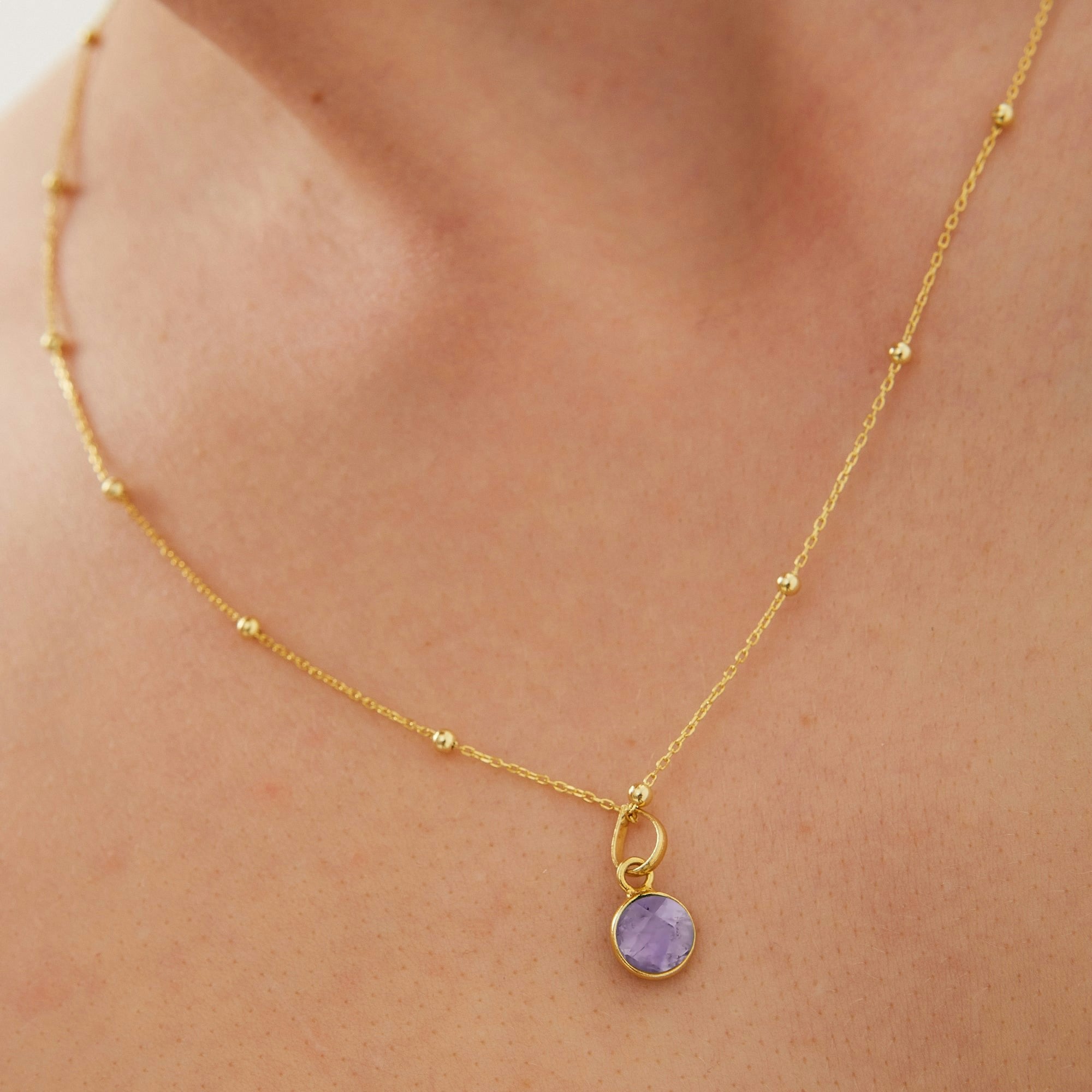 Spero London Silver Amethyst Round Pendant Necklace With Beaded Chain In Sterling