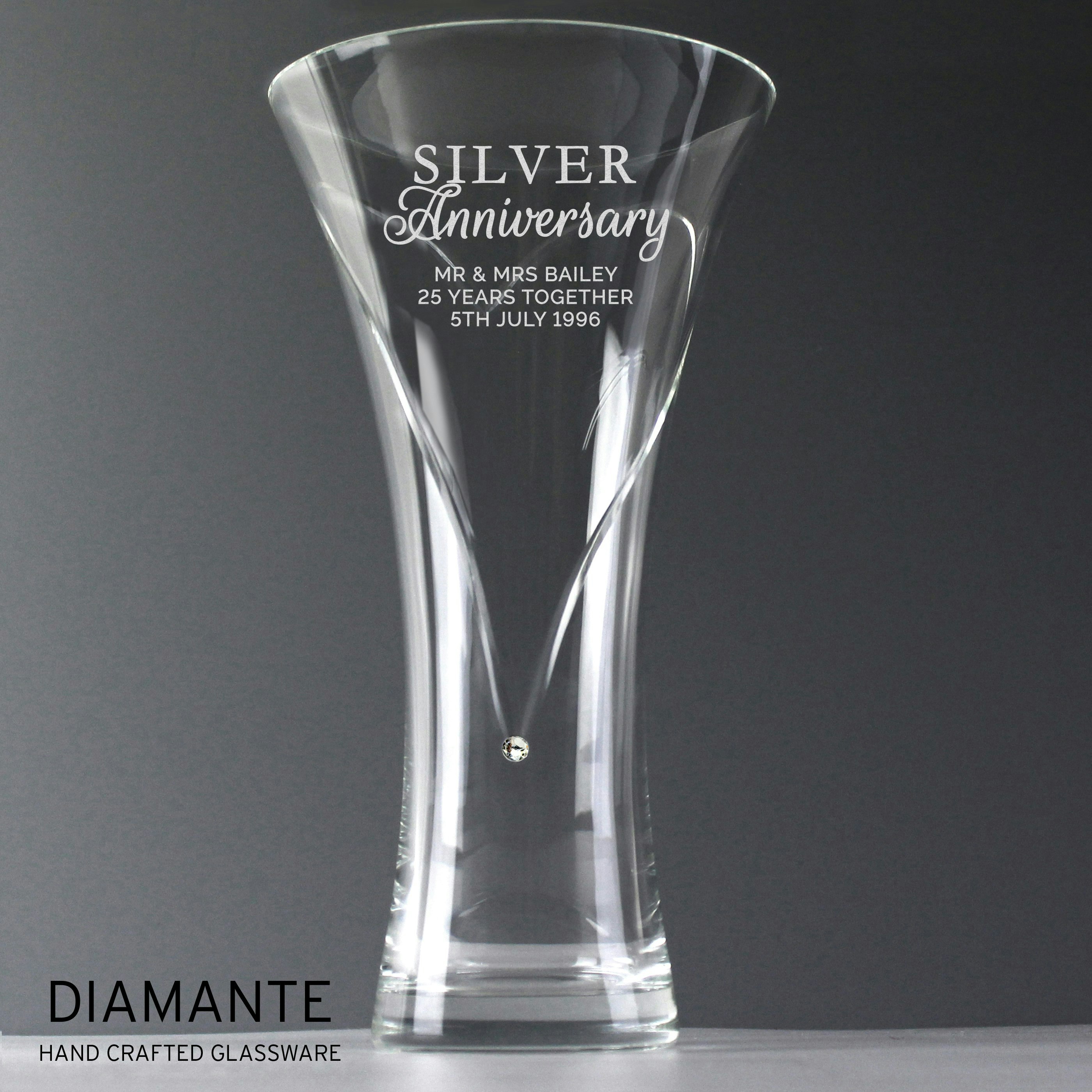 Rackhams Silver Personalised Anniversary Large Hand Cut Diamante Heart Vase