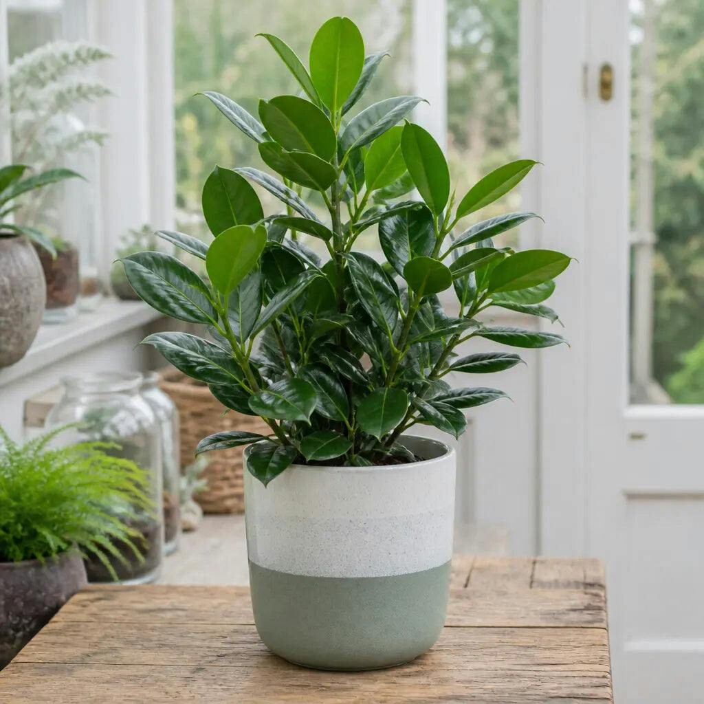 Green Ficus Moclame Indian Laurel Fig 5L – Glossy Indoor Houseplant - Stoneware Pot