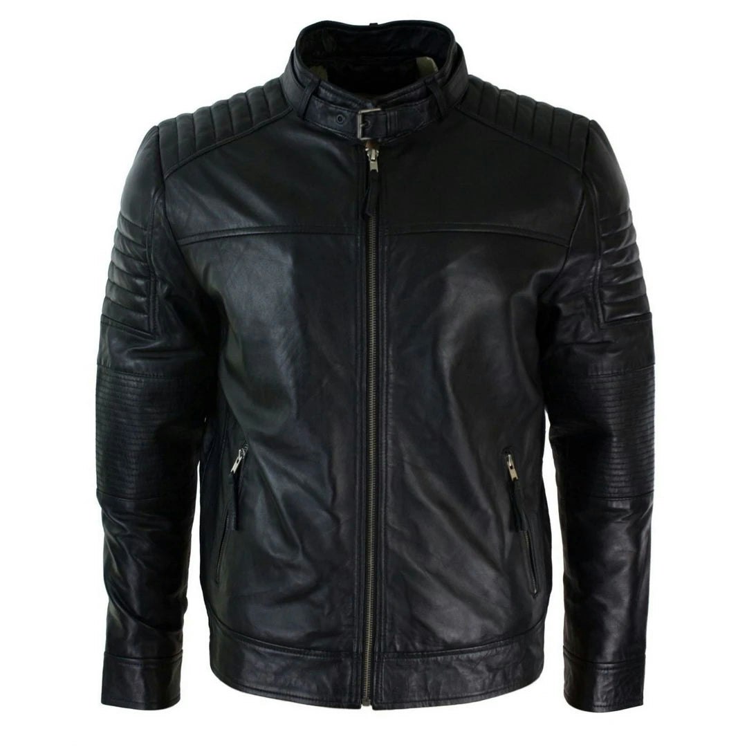 Aviatrix Men's Black Leather Cross Zip Biker Racer Jacket - 5XL