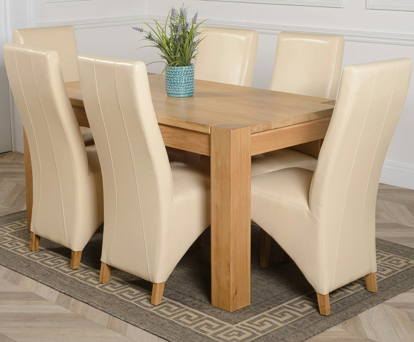 That's Furniture Ivory Kuba Medium Oak Dining Table With Lola Leather Chairs - 6 Chairs