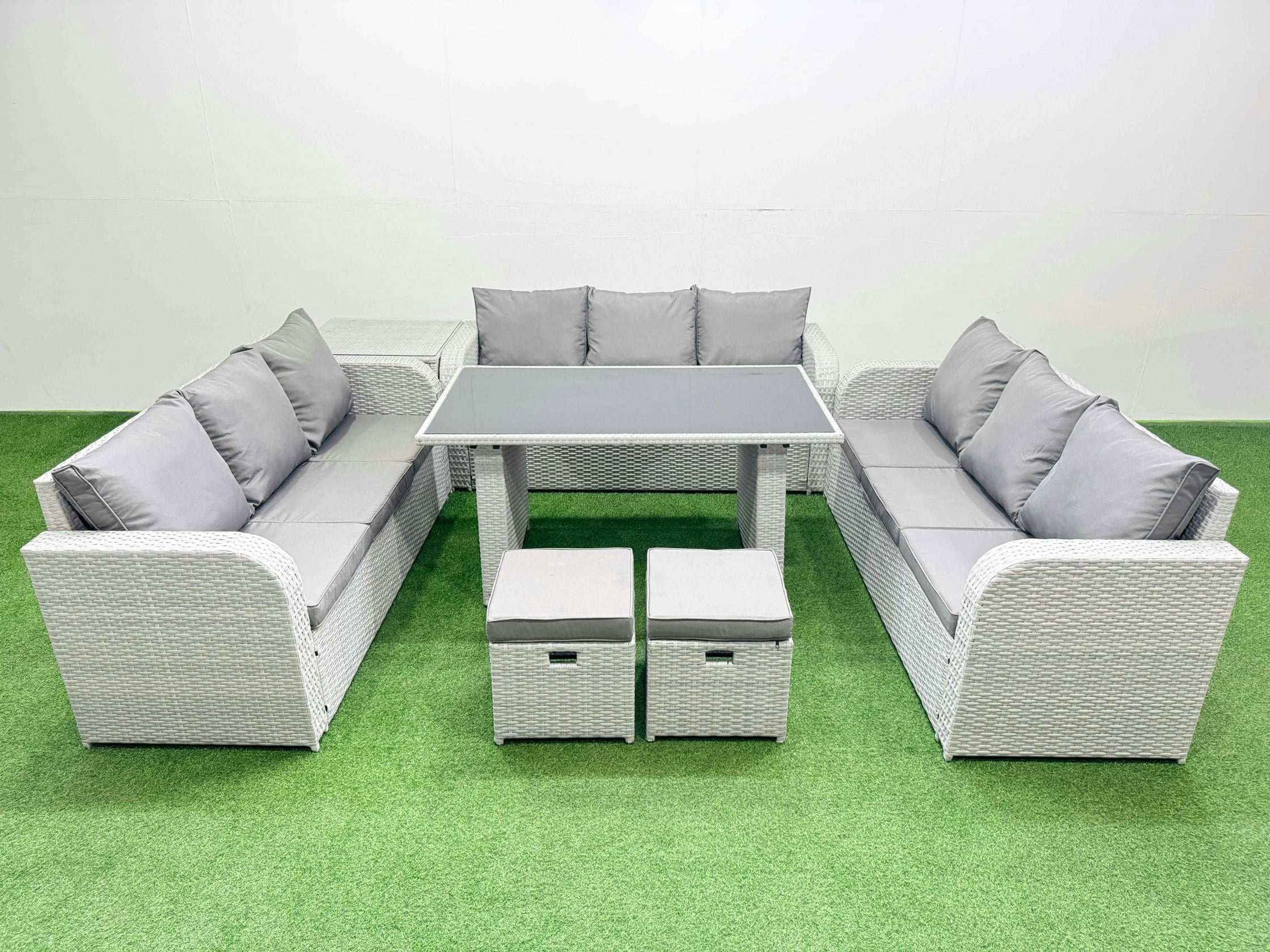 Rackhams Black/Light/Grey Patio Garden Furniture Sets With Glass Top Dining Table 3 Seater Sofa Side Table 2 Small Stool