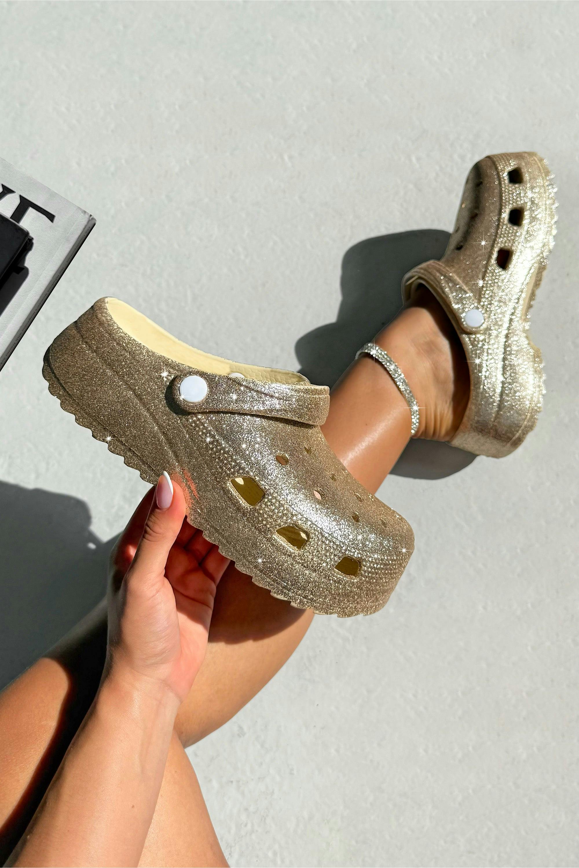 Love Lemonade Gold Sparkly Glitter Splash Clog Sliders - Uk 8 - Eu 41 - Us 10