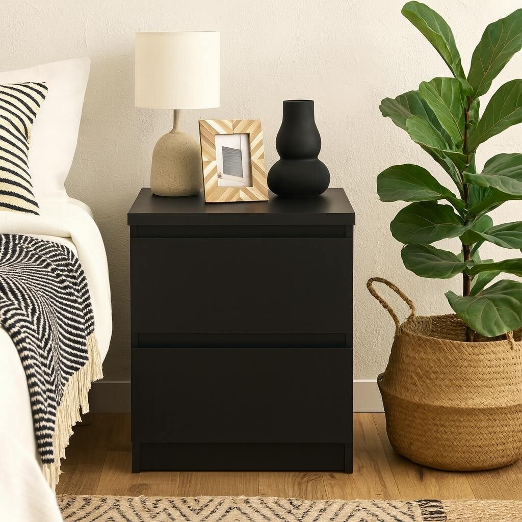Wyld Haus Black Budapest Matt Wooden Bedside Table 2 Drawers