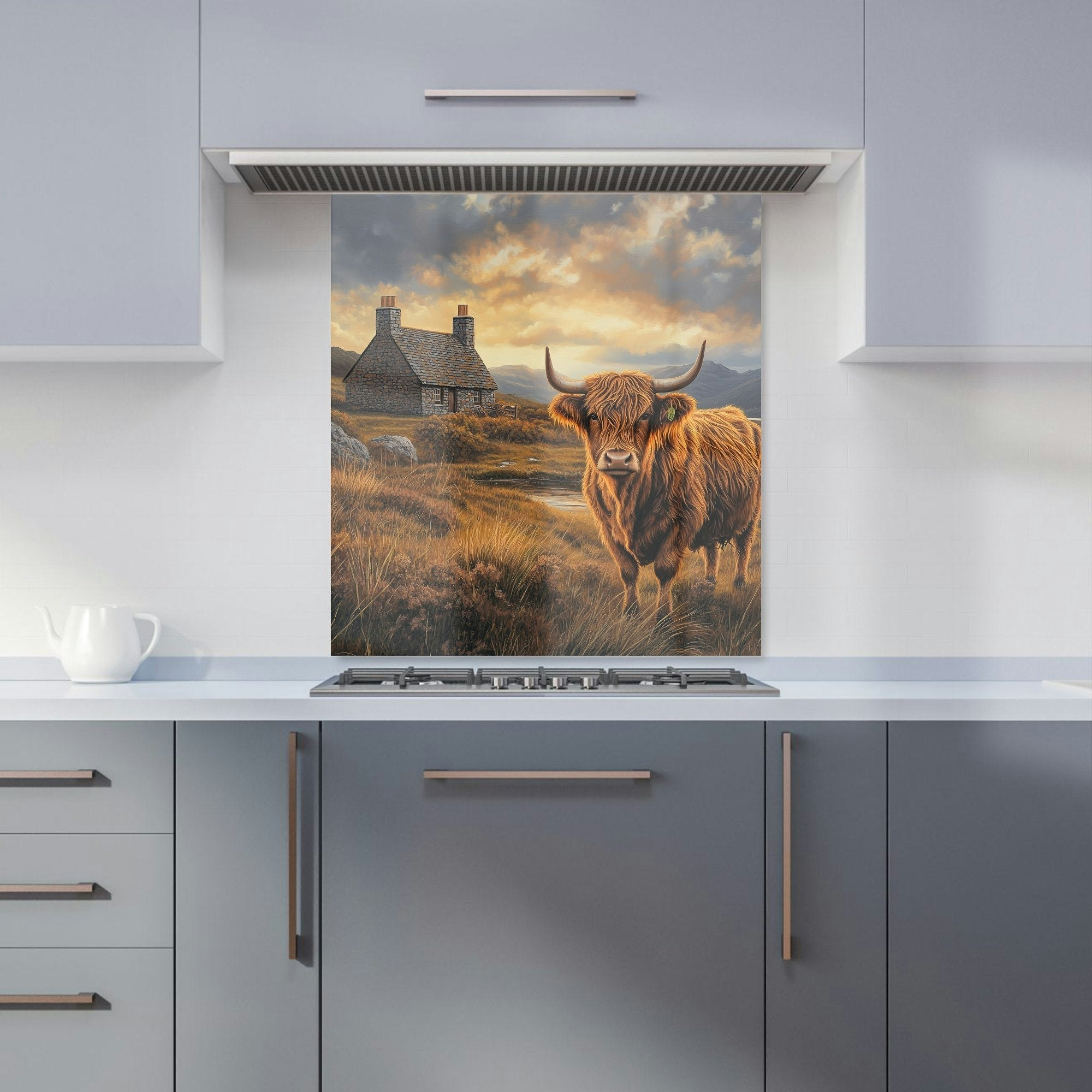 Warren Reed Golden - Designer Highland Cow And A Cottage Kitchen Splashback - W700mm X H750mm