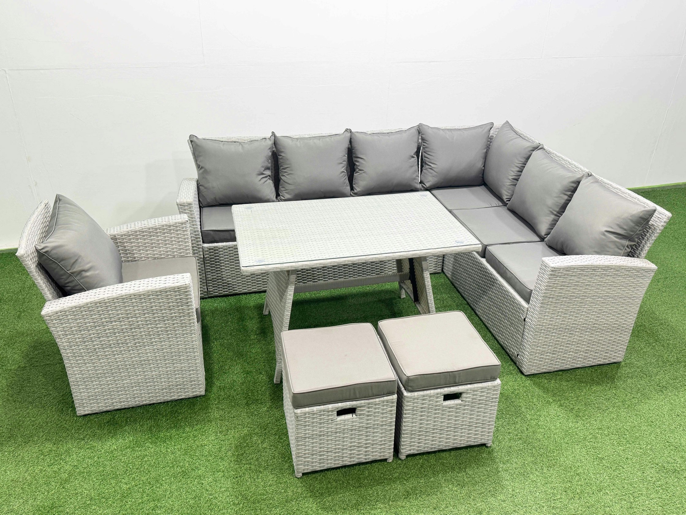 Fimous Light/Grey 9 Seater Garden Outdoor Rattan Furniture Set Rattan Corner Sofa Oblong Dining Table With Armchair Mixed