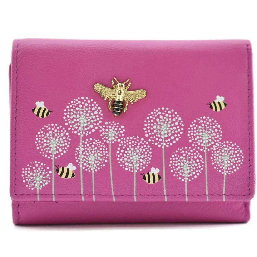 Mala Leather Pink Moonflower Compact Bee And Floral Leather Rfid Purse