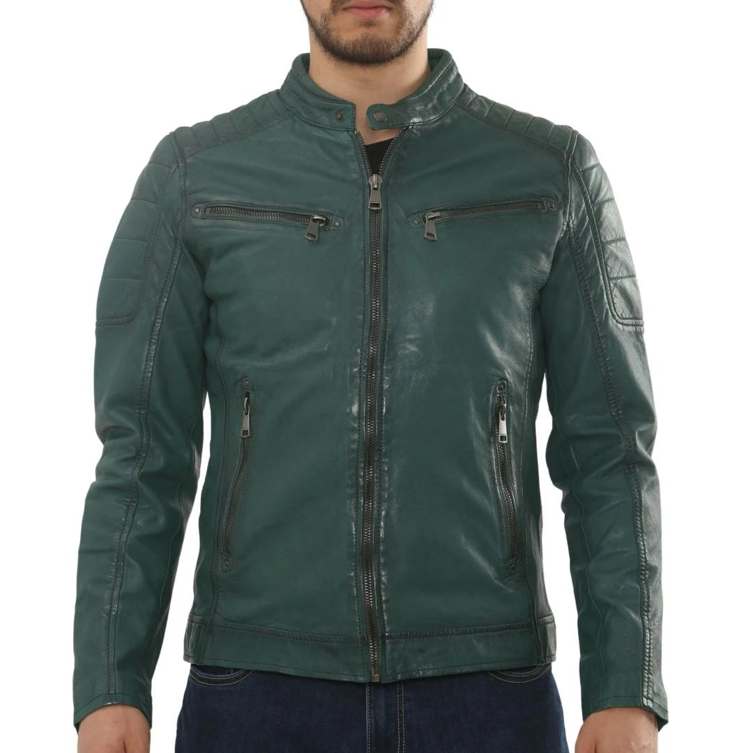 Infinity Leather Men's Green Leather Company Lambskin Leather Motorcycle Jacket Slim Fit Biker Coat - X-Large