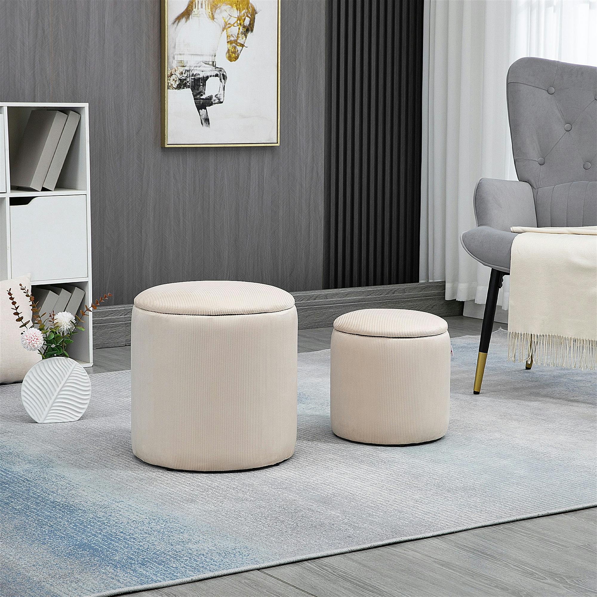 HOMCOM Modern Fabric Storage Ottoman Set of 2 - White Corduroy Upholstery - Removable Lid - Nesting Design - Image 3