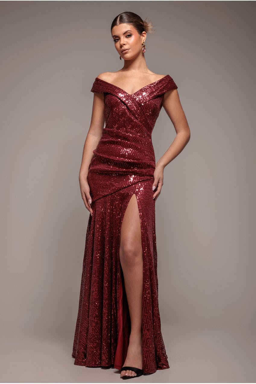 Goddiva Women's Bardot Sequin Pleated Maxi Dress - Wine By - Wine - 10