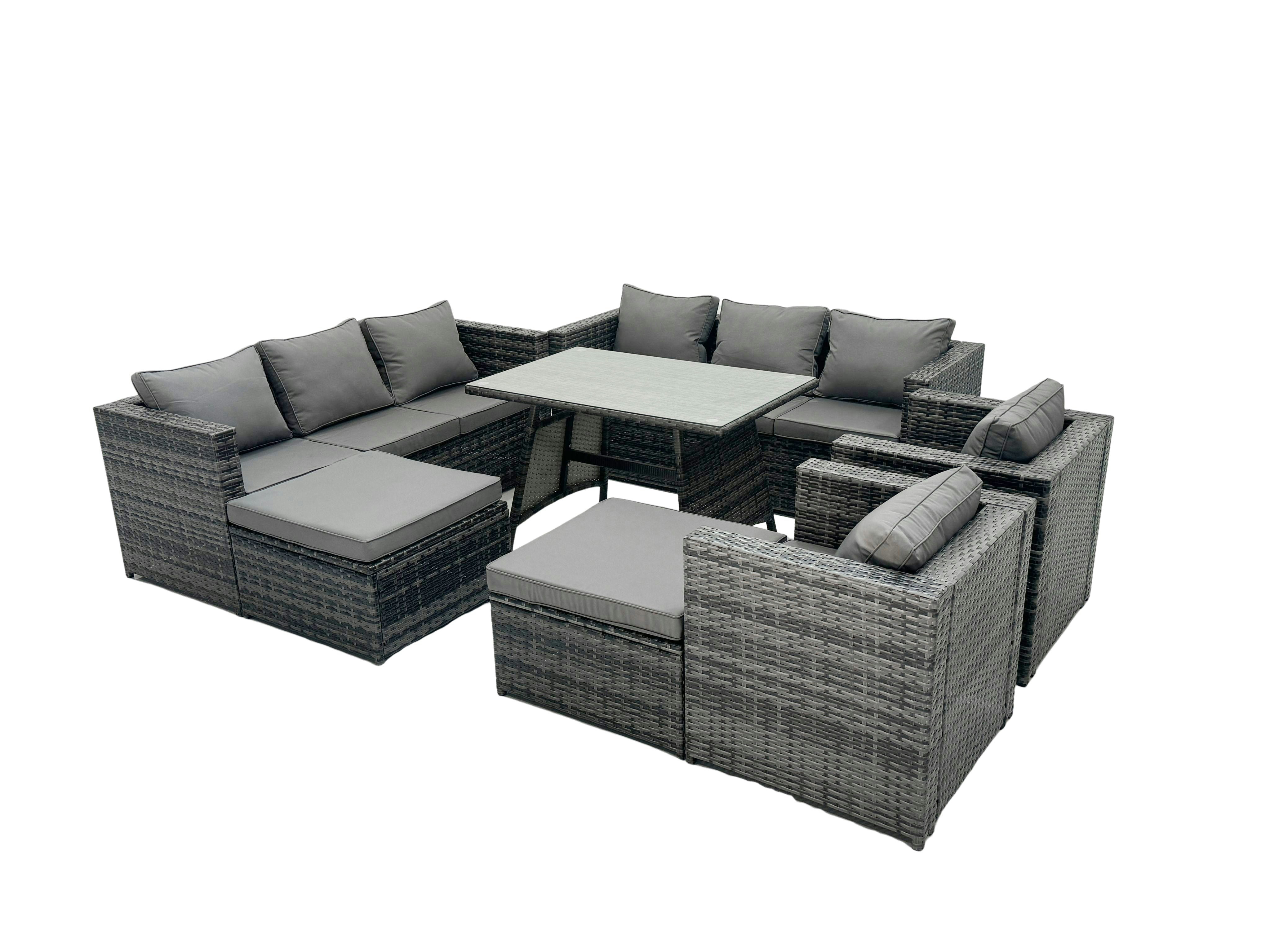 Fimous Dark/Grey Rattan Dining Table Sofa Set With Armchair 2 Big Footstools Outdoor 10 Seat Garden Furniture Set Mixed