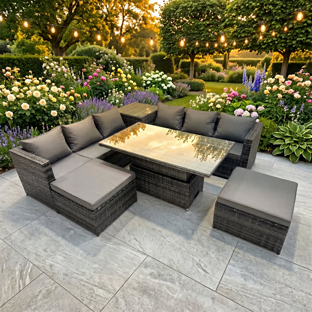 Fimous Dark/Grey 8 Seater Rattan Garden Furniture Set With 2 Sofas, Height Adjustable Rising Table, 2 Stools & 1 Side Table