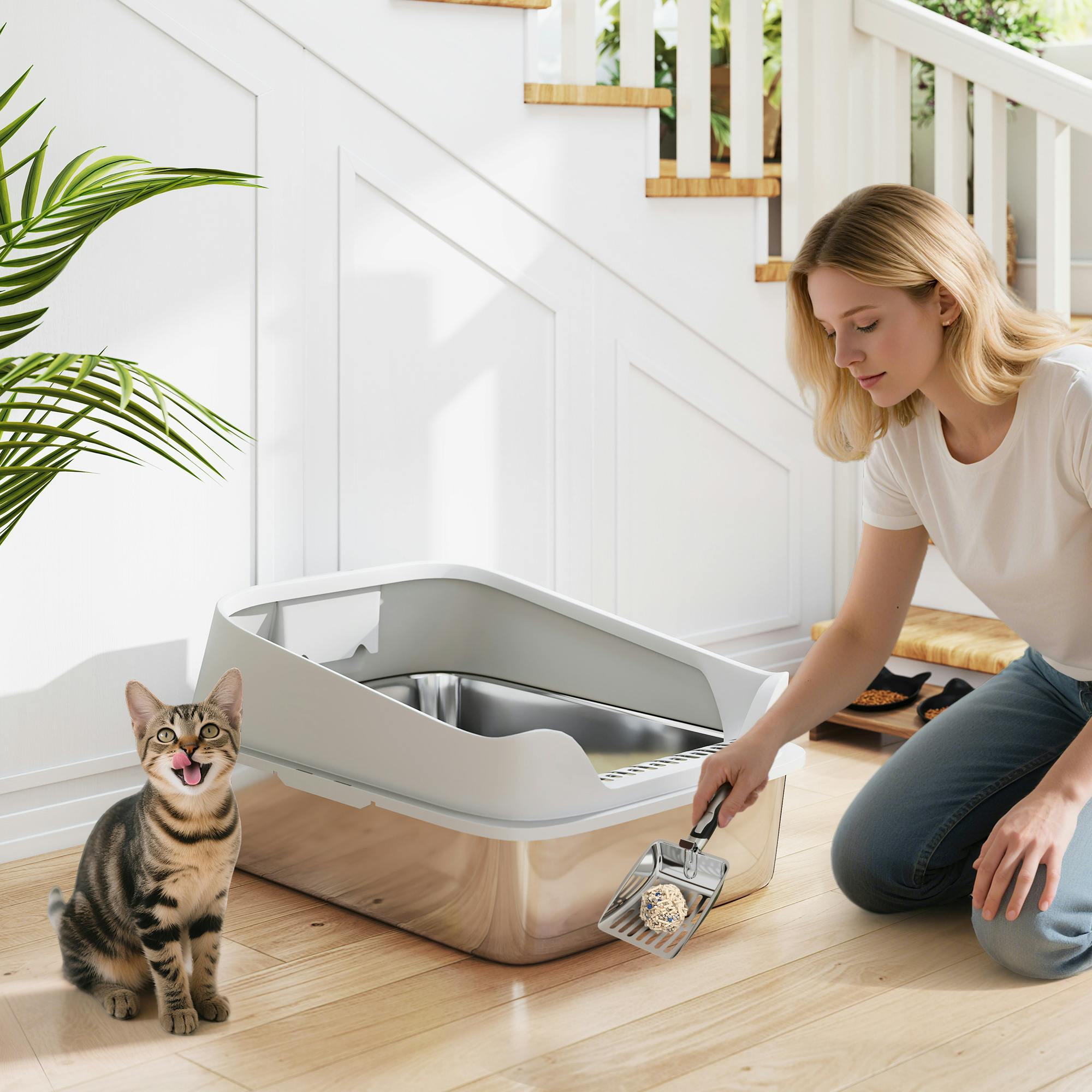 Bobobiy Grey Xxl Stainless Steel Cat Litter Box With High Sides, Metal Scoop, 70 X 50 X 30 Cm - Image 3