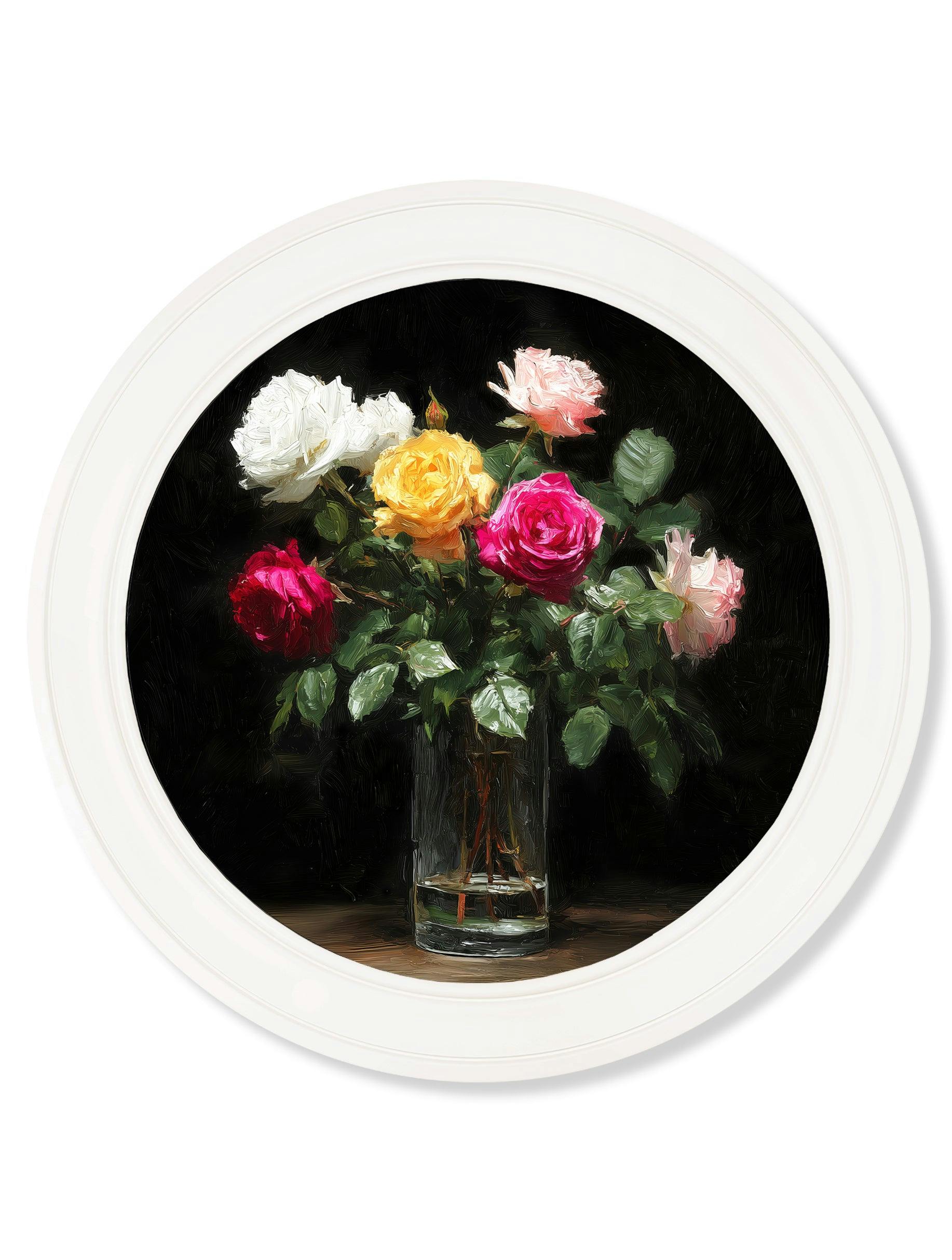 Rackhams Dark/White Garden Roses After - Oxford Strong Round Frame - Roses After - 96 X 96Cm