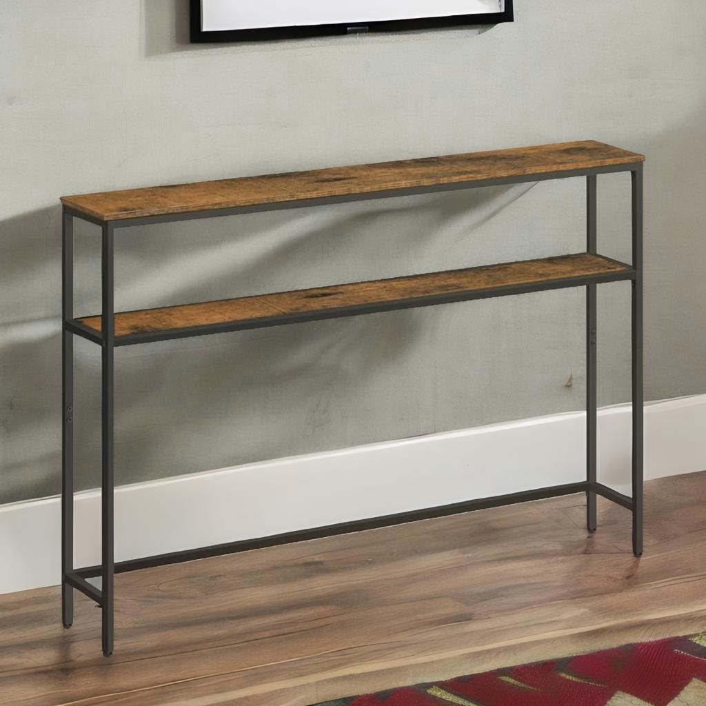 Rafaelo Mobilia Brown Industrial Slim Hallway Console Table With 2 Shelves Rustic