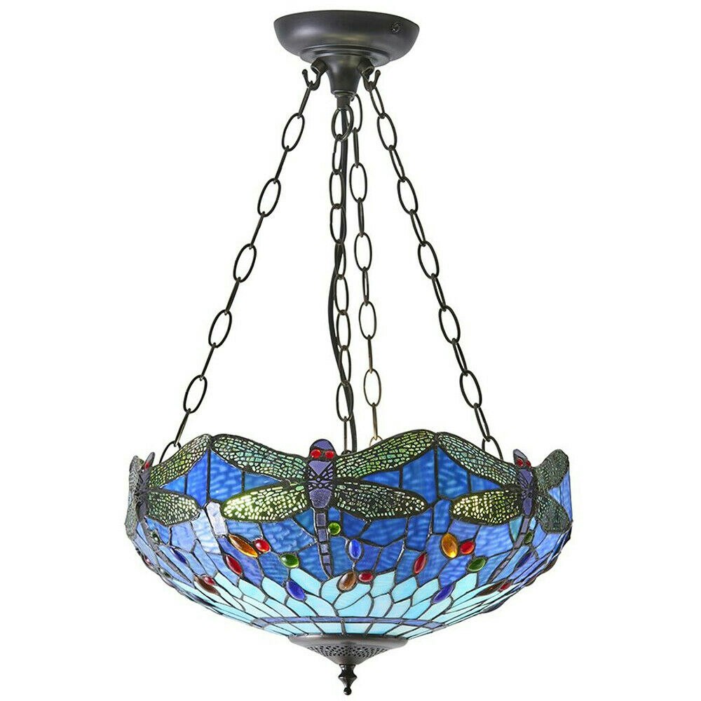 Rackhams Light/Blue Tiffany Glass Hanging Ceiling Pendant Dragonfly Lamp Shade I00108 Size 3