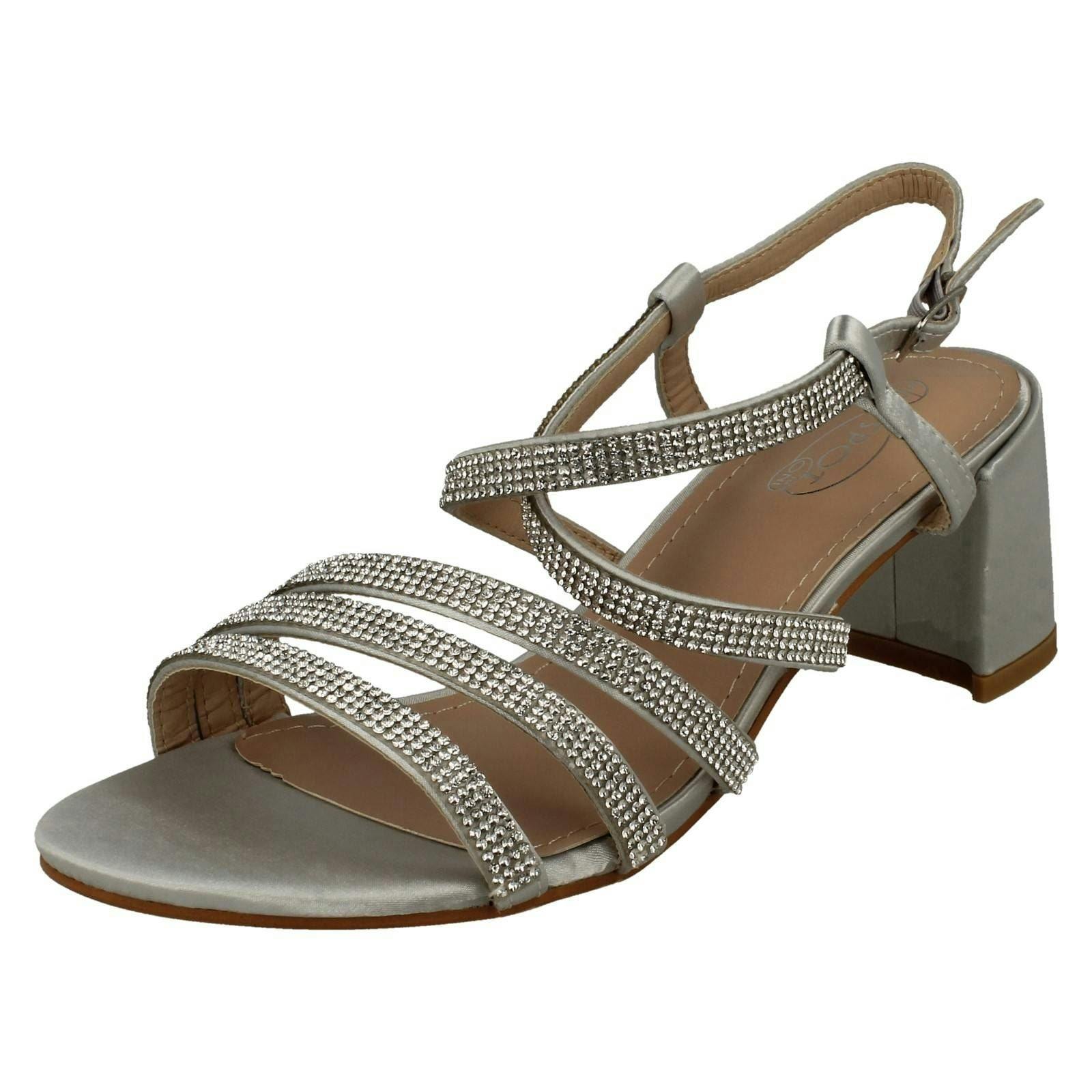 Spot On Women's Silver Diamante Strappy Block Heeled Sandals F12037 - Uk 6